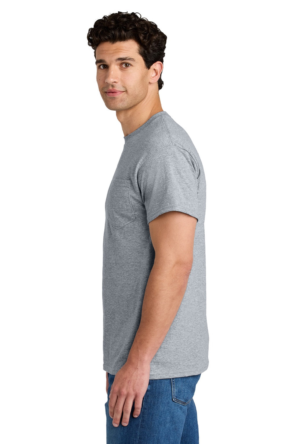 Gildan 8300 Mens DryBlend Moisture Wicking Short Sleeve Crewneck T-Shirt w/ Pocket Sport Grey Model Side