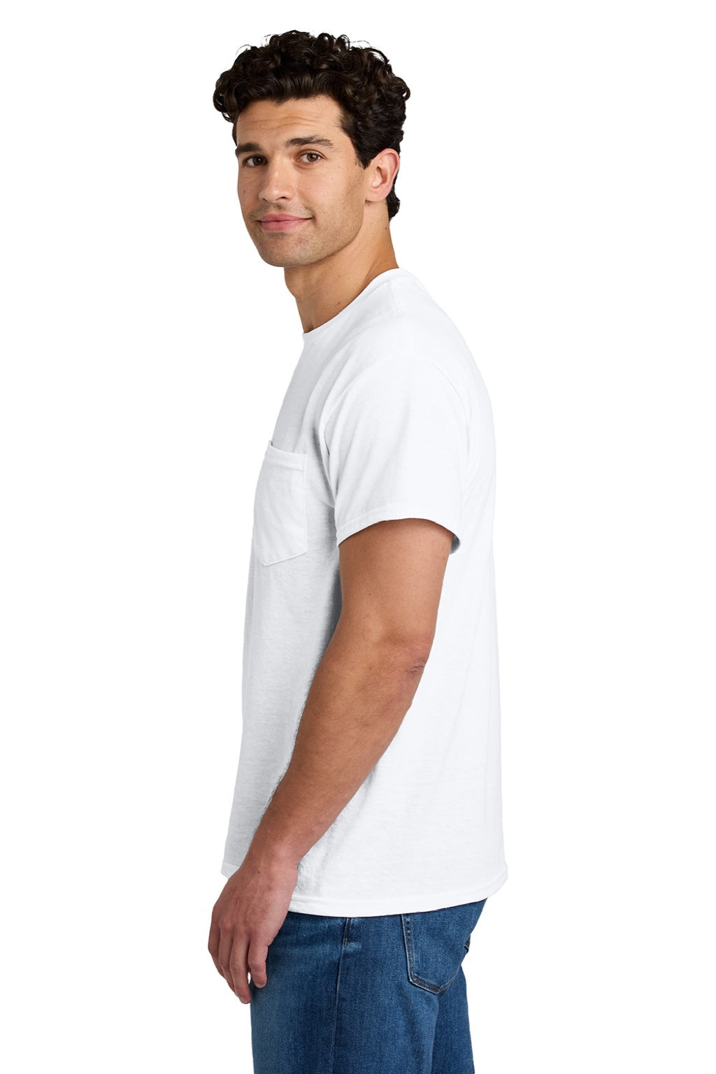 Gildan 8300 Mens DryBlend Moisture Wicking Short Sleeve Crewneck T-Shirt w/ Pocket White Model Side