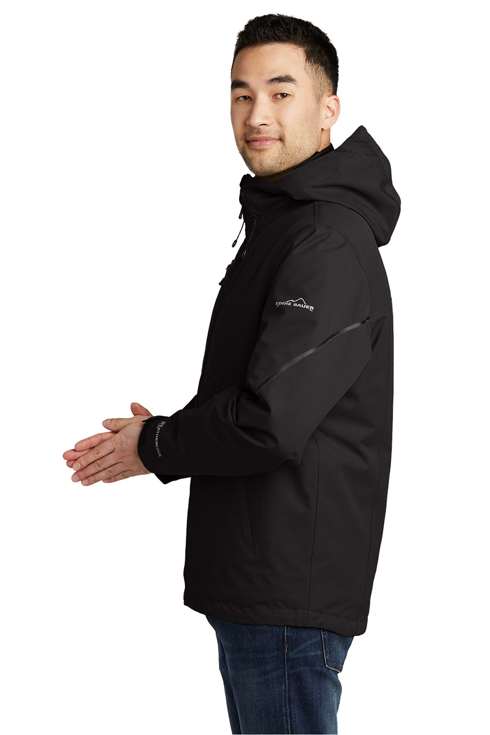 Eddie Bauer EB556 Mens WeatherEdge Plus 3-in-1 Waterproof Full Zip Hooded Jacket Black Model Side