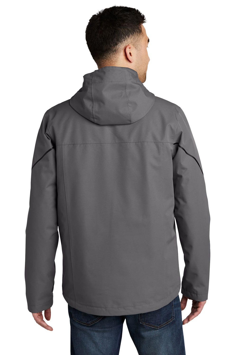 Eddie Bauer EB556 Mens WeatherEdge Plus 3-in-1 Waterproof Full Zip Hooded Jacket Metal Grey Model Back