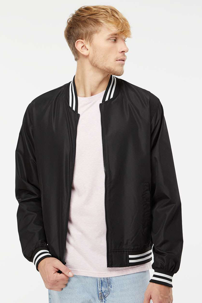 Independent Trading Company EXP52BMR Mens Water Resistant Full Zip Bomber Jacket Black/White Model Front