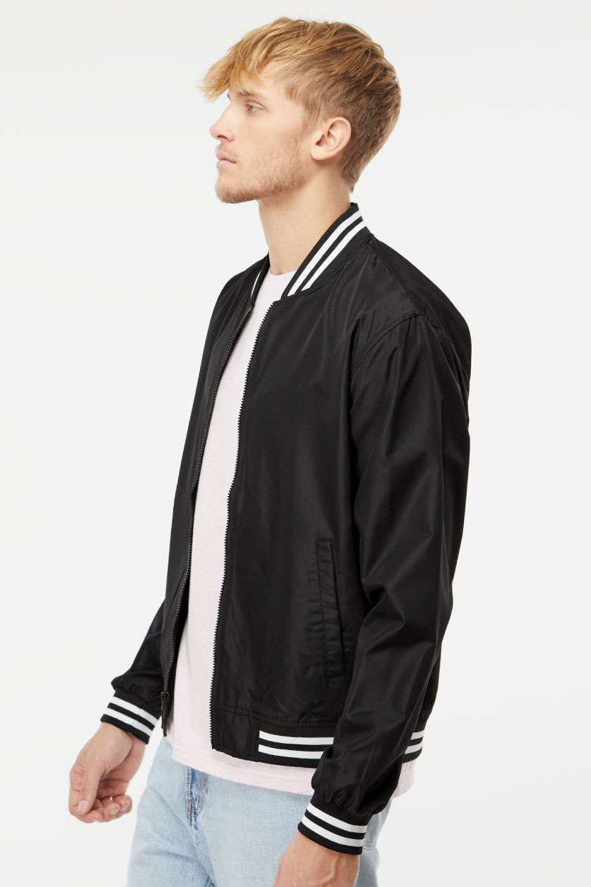 Independent Trading Company EXP52BMR Mens Water Resistant Full Zip Bomber Jacket Black/White Model Side