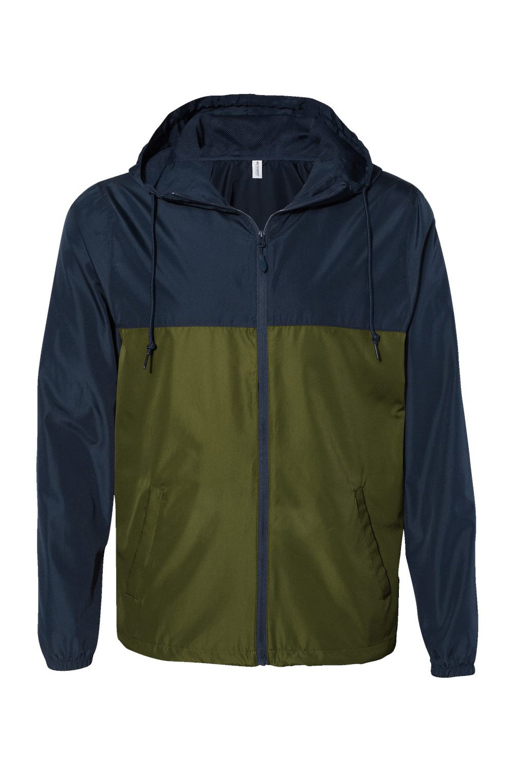 Independent Trading Company EXP54LWZ Mens Water Resistant Full Zip Windbreaker Hooded Jacket Classic Navy Blue/Army Green Flat Front
