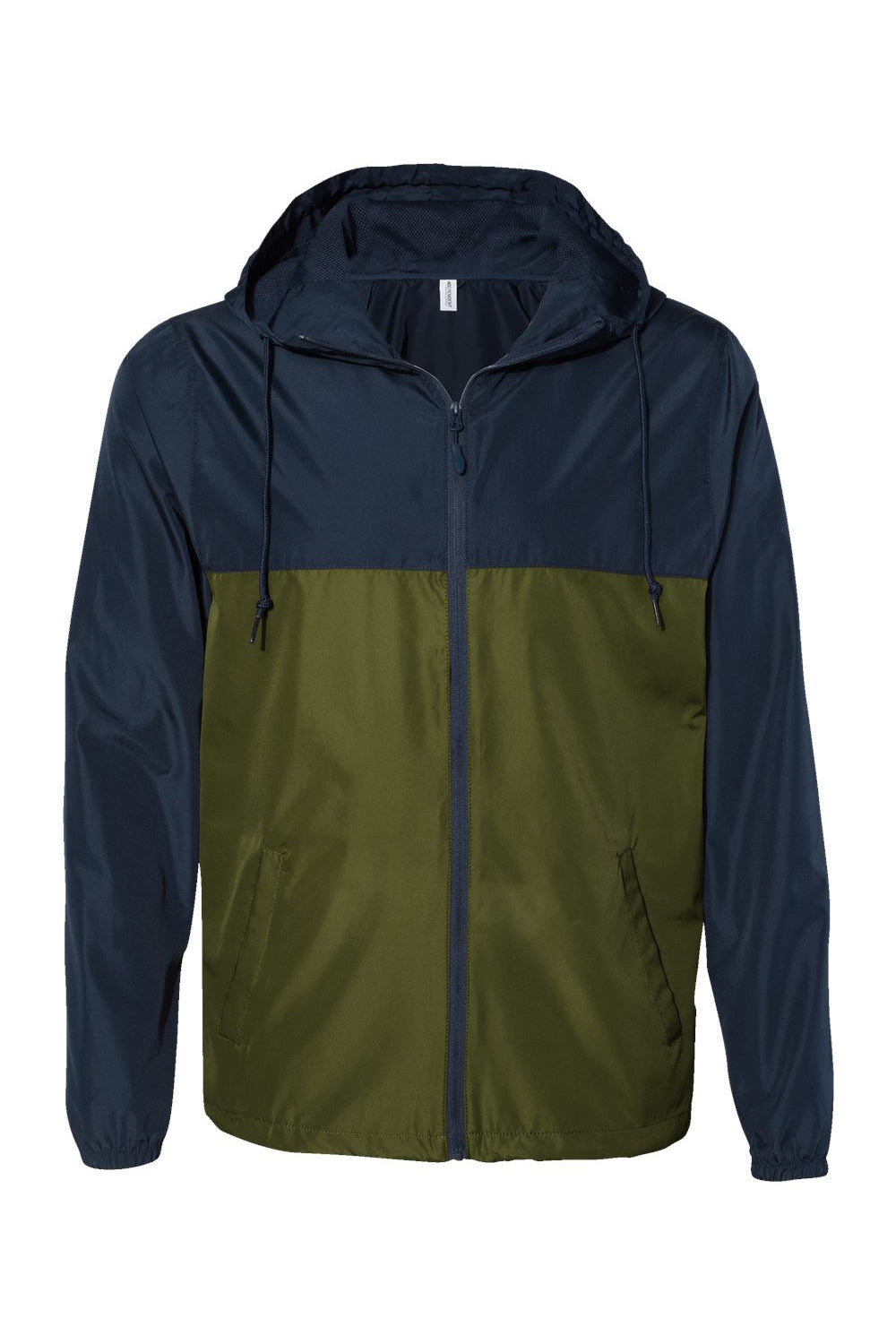 Independent Trading Co. EXP54LWZ Mens Full Zip Windbreaker Hooded Jacket Classic Navy Blue/Army Green Flat Front