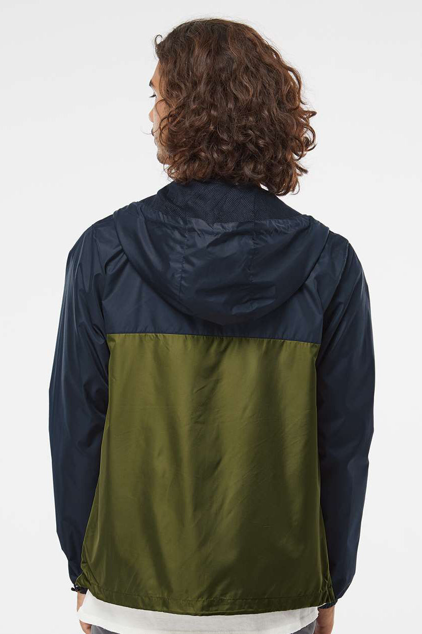 Independent Trading Company EXP54LWZ Mens Water Resistant Full Zip Windbreaker Hooded Jacket Classic Navy Blue/Army Green Model Back