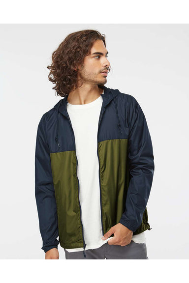Independent Trading Co. EXP54LWZ Mens Full Zip Windbreaker Hooded Jacket Classic Navy Blue/Army Green Model Front
