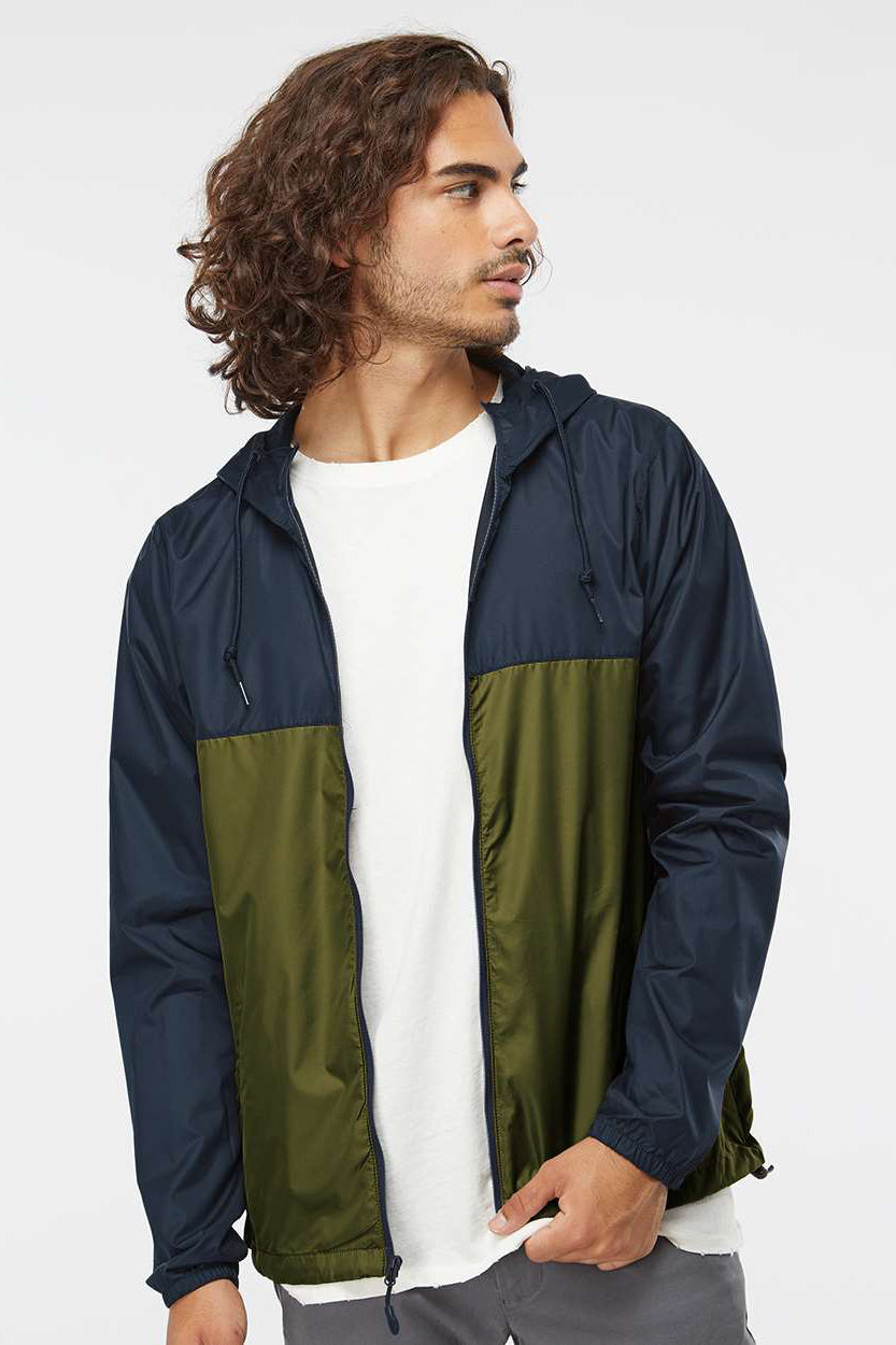 Independent Trading Company EXP54LWZ Mens Water Resistant Full Zip Windbreaker Hooded Jacket Classic Navy Blue/Army Green Model Front