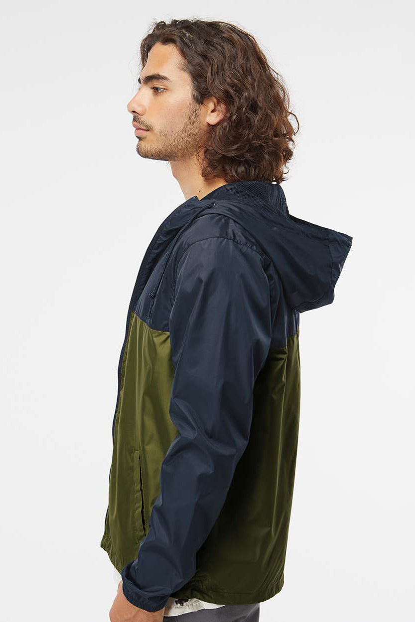 Independent Trading Company EXP54LWZ Mens Water Resistant Full Zip Windbreaker Hooded Jacket Classic Navy Blue/Army Green Model Side
