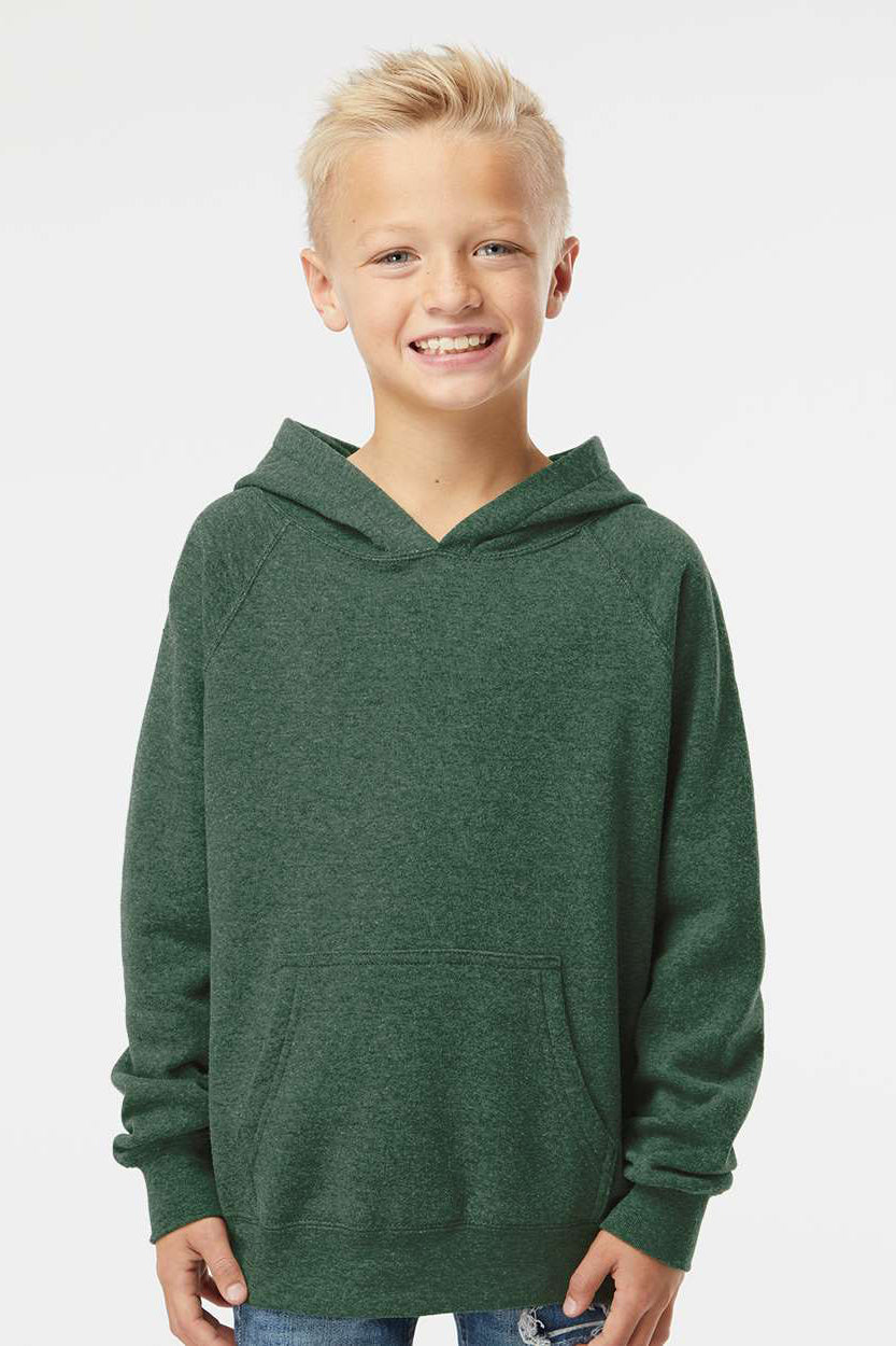 Independent Trading Company PRM15YSB Youth Special Blend Raglan Hooded Sweatshirt Hoodie w/ Pouch Pocket Moss Green Model Front
