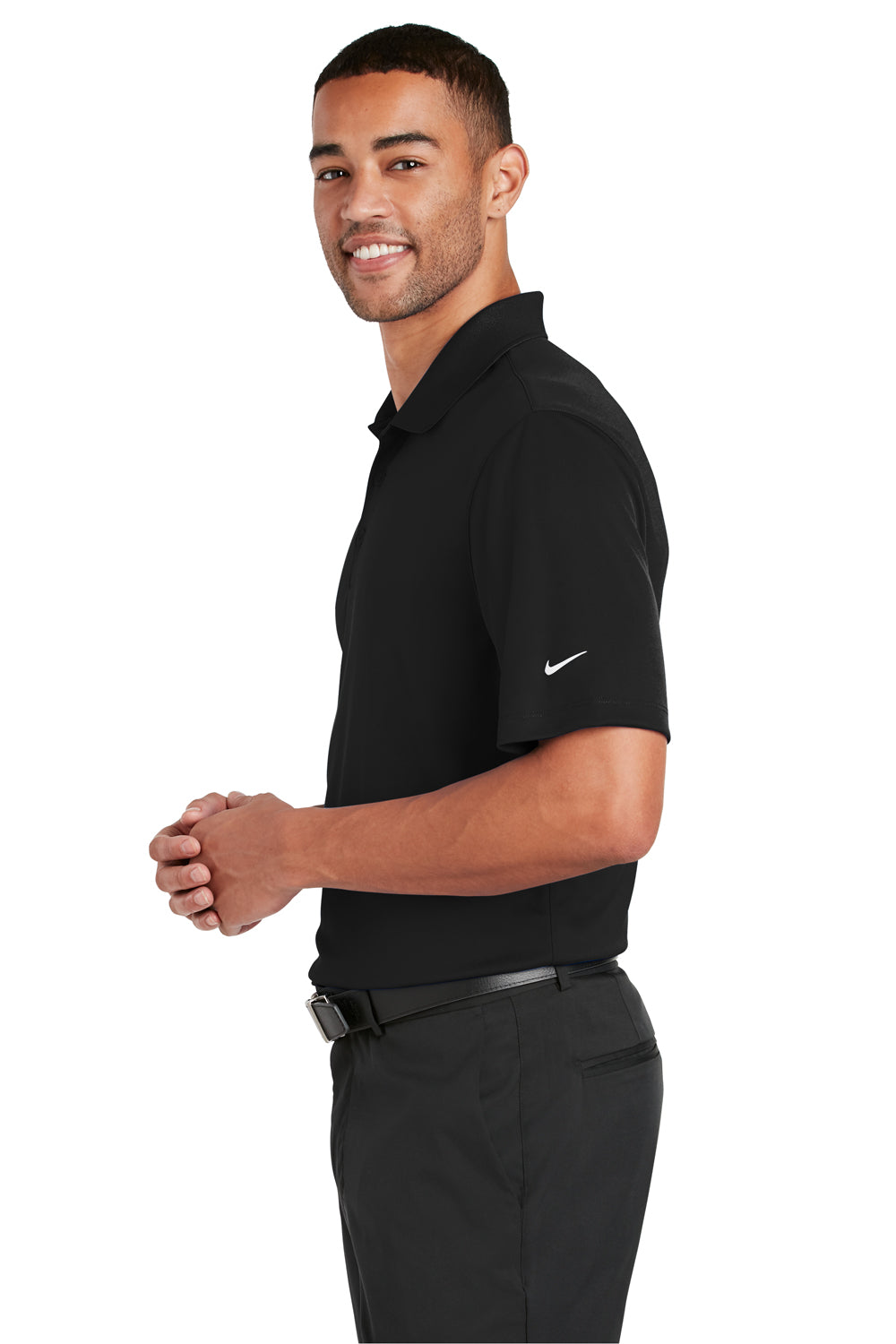 Nike 838956 Mens Players Dri-Fit Moisture Wicking Short Sleeve Polo Shirt Black Model Side