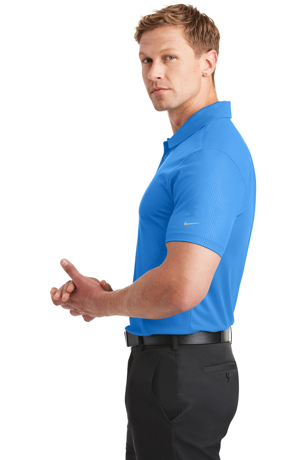Nike 838964 Mens Dri-Fit Moisture Wicking Short Sleeve Polo Shirt Brisk Blue Model Side