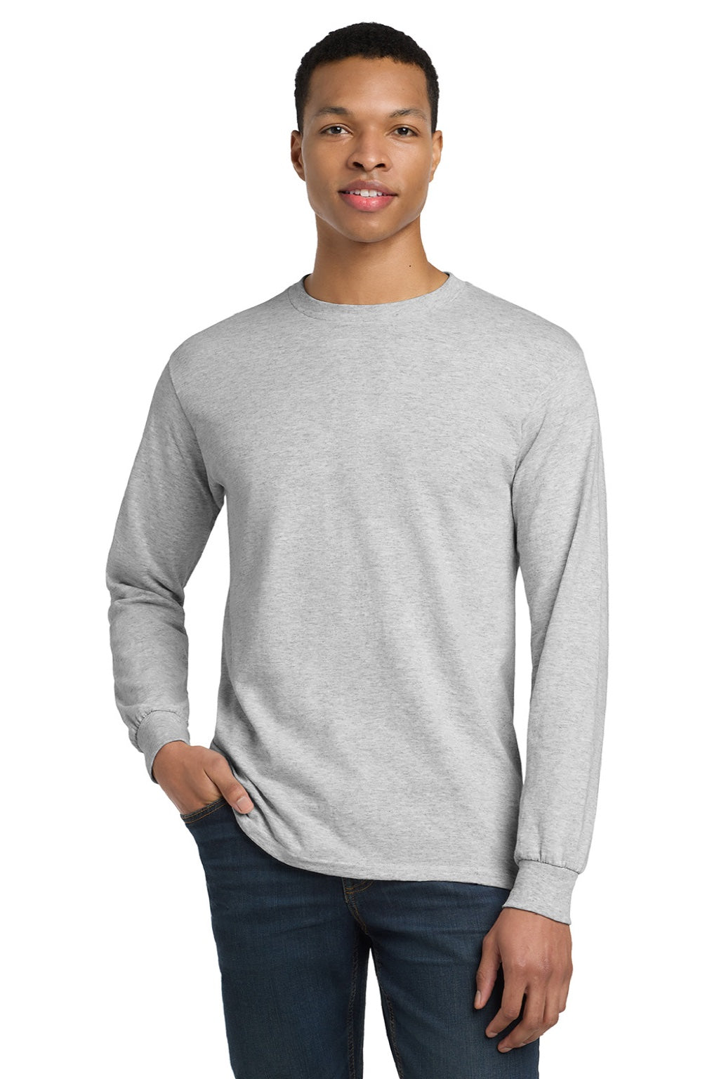 Gildan 8400 Mens DryBlend Moisture Wicking Long Sleeve Crewneck T-Shirt Ash Grey Model Front