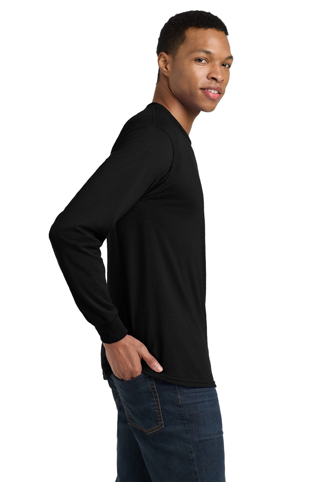 Gildan 8400 Mens DryBlend Moisture Wicking Long Sleeve Crewneck T-Shirt Black Model Side
