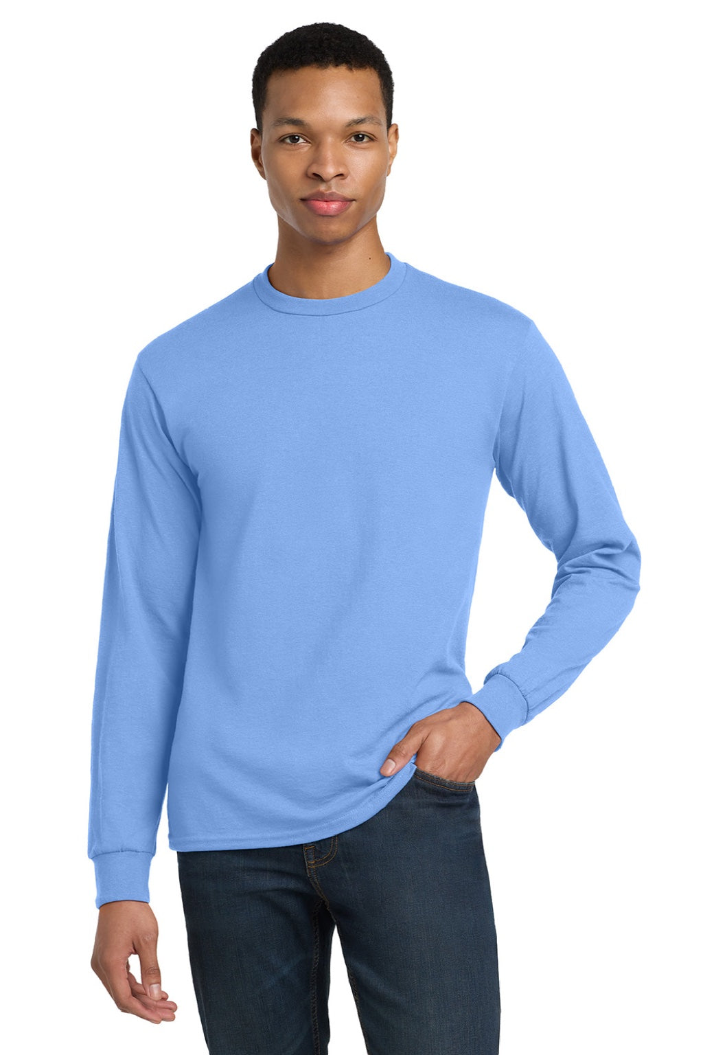 Gildan 8400 Mens DryBlend Moisture Wicking Long Sleeve Crewneck T-Shirt Carolina Blue Model Front