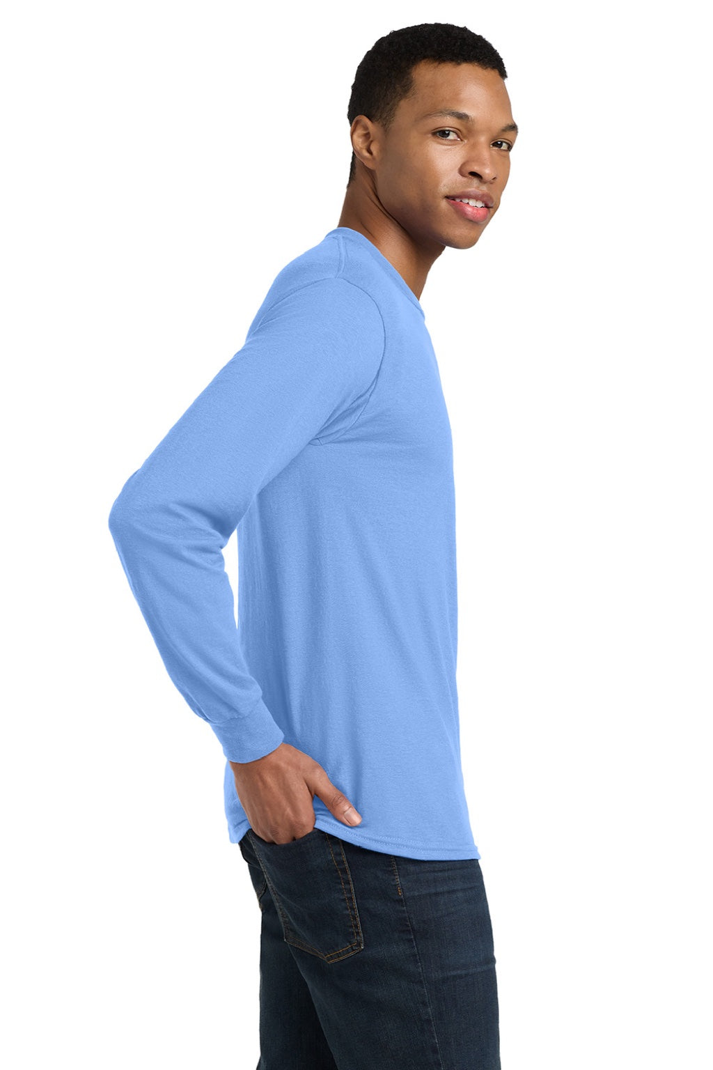 Gildan 8400 Mens DryBlend Moisture Wicking Long Sleeve Crewneck T-Shirt Carolina Blue Model Side