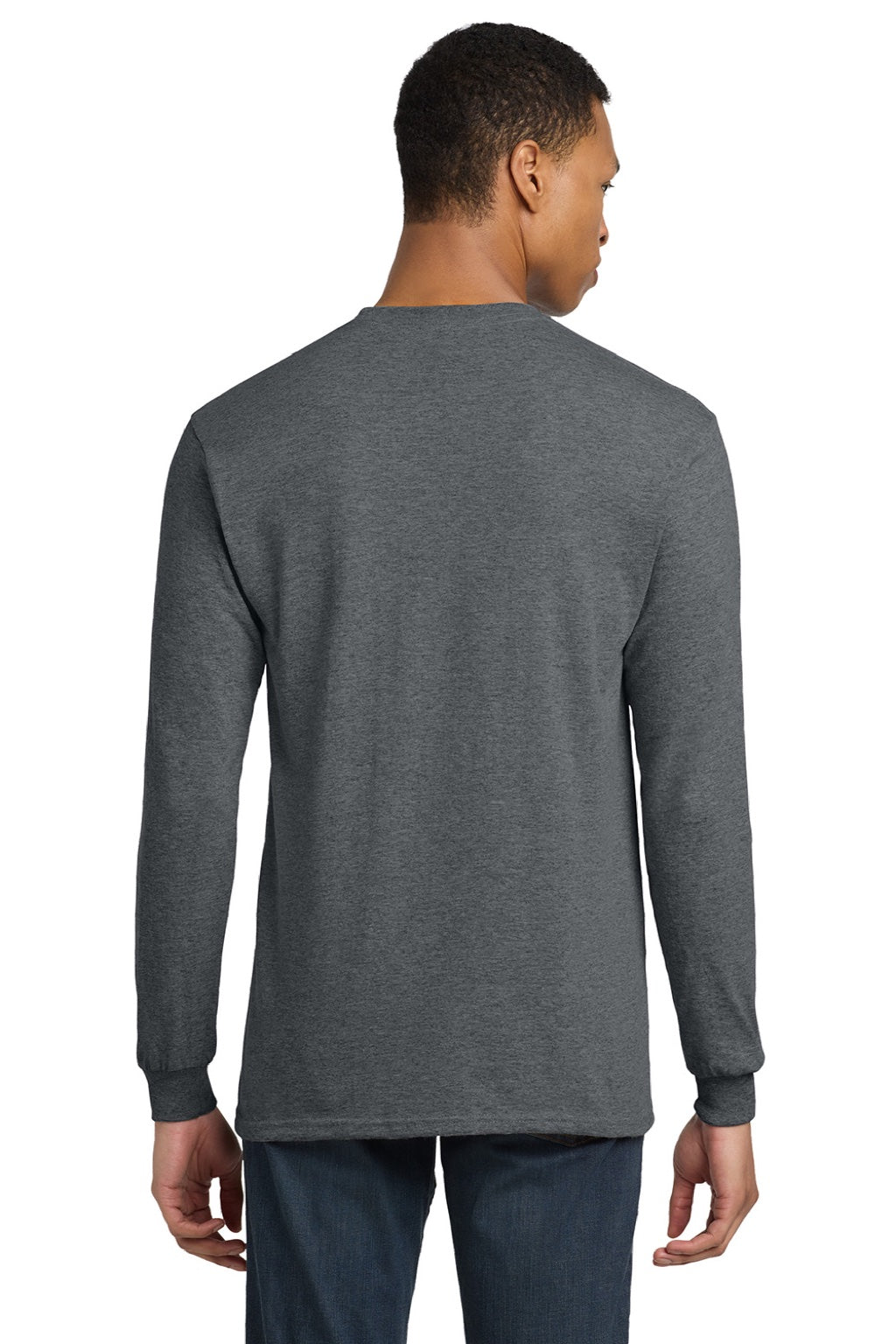 Gildan 8400 Mens DryBlend Moisture Wicking Long Sleeve Crewneck T-Shirt Heather Dark Grey Model Back