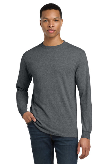 Gildan 8400 Mens DryBlend Moisture Wicking Long Sleeve Crewneck T-Shirt Heather Dark Grey Model Front