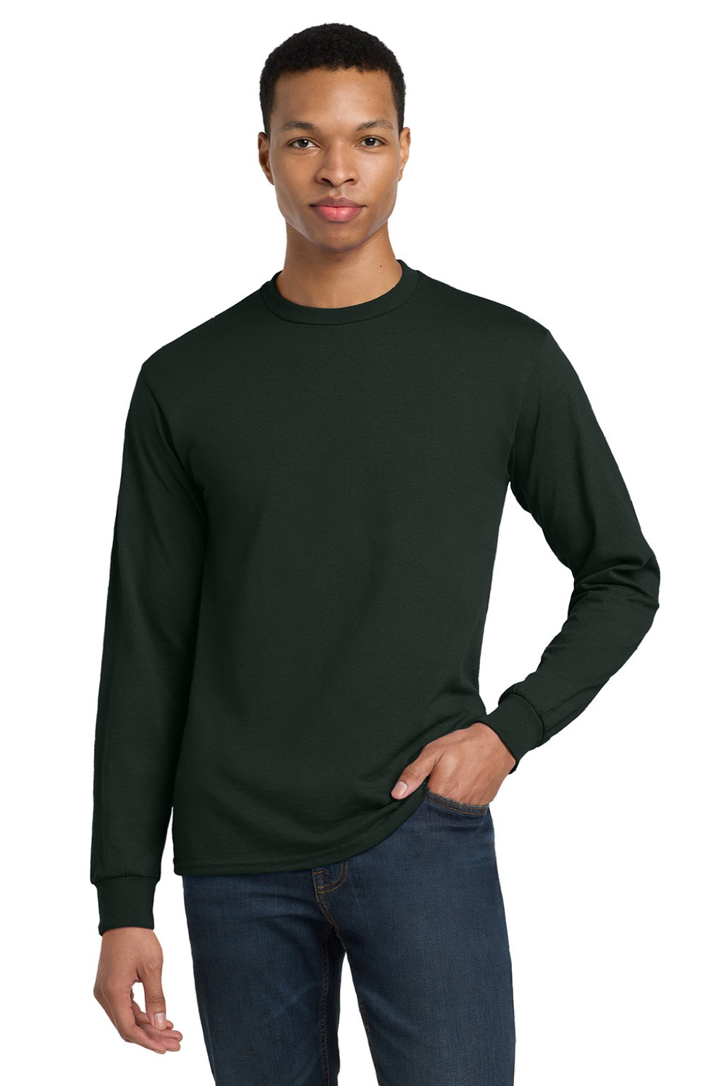 Gildan 8400 Mens DryBlend Moisture Wicking Long Sleeve Crewneck T-Shirt Forest Green Model Front