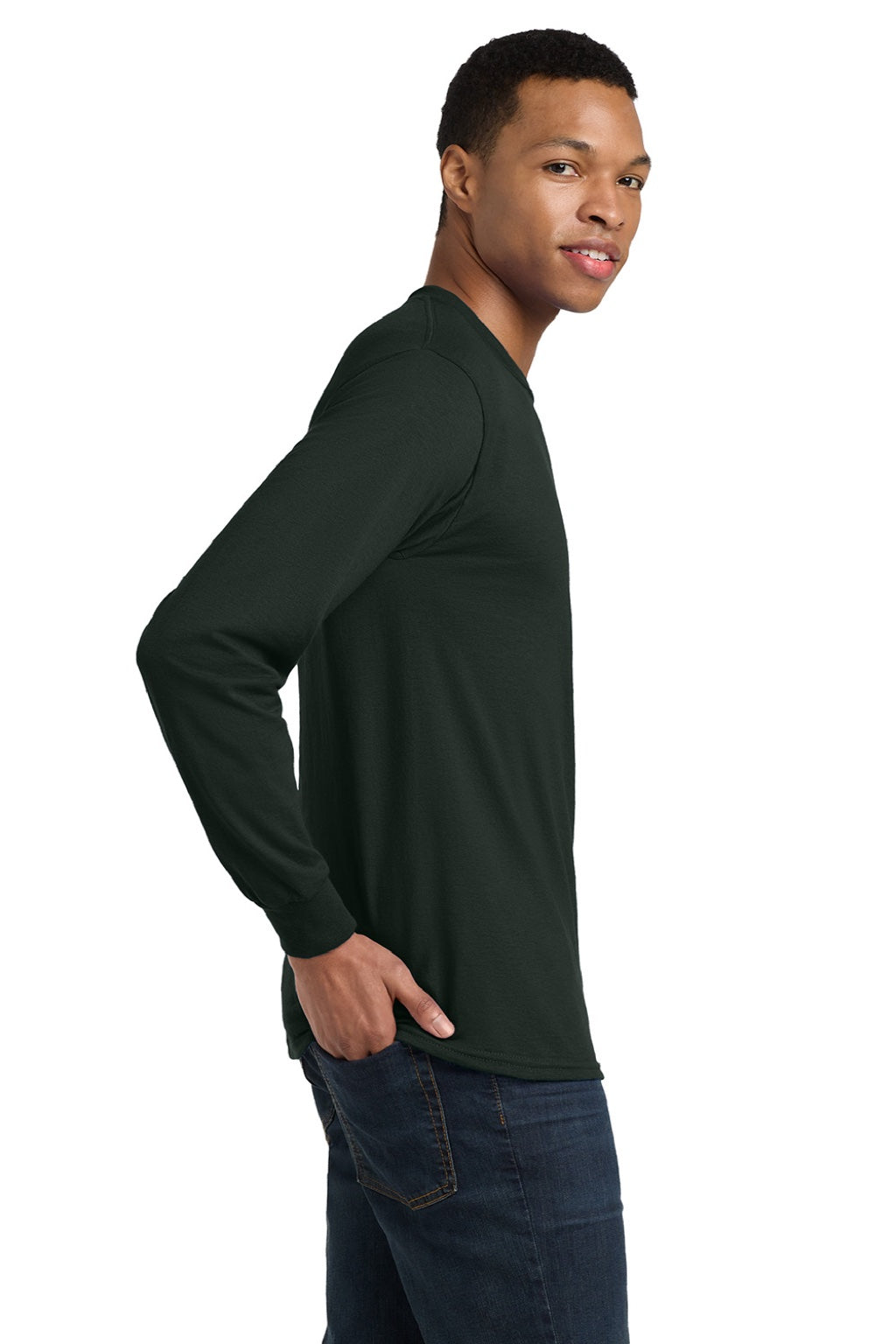 Gildan 8400 Mens DryBlend Moisture Wicking Long Sleeve Crewneck T-Shirt Forest Green Model Side