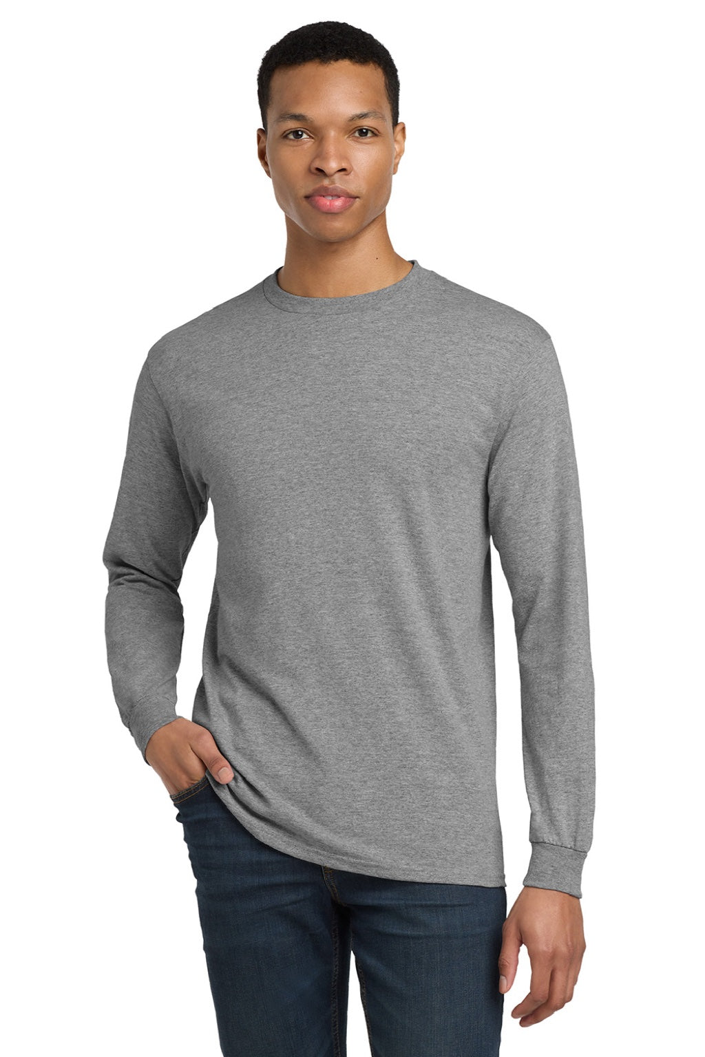 Gildan 8400 Mens DryBlend Moisture Wicking Long Sleeve Crewneck T-Shirt Heather Graphite Grey Model Front
