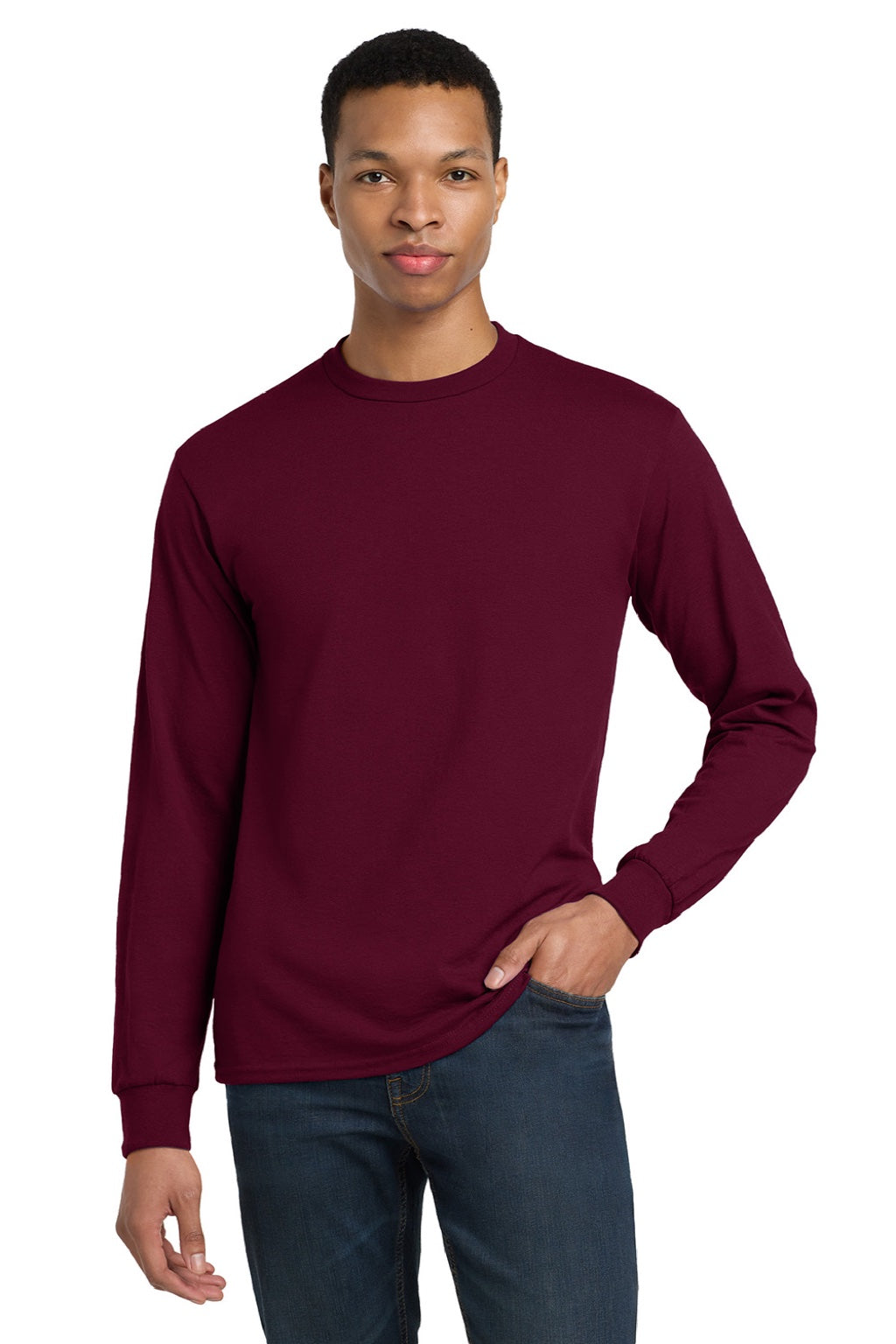 Gildan 8400 Mens DryBlend Moisture Wicking Long Sleeve Crewneck T-Shirt Maroon Model Front