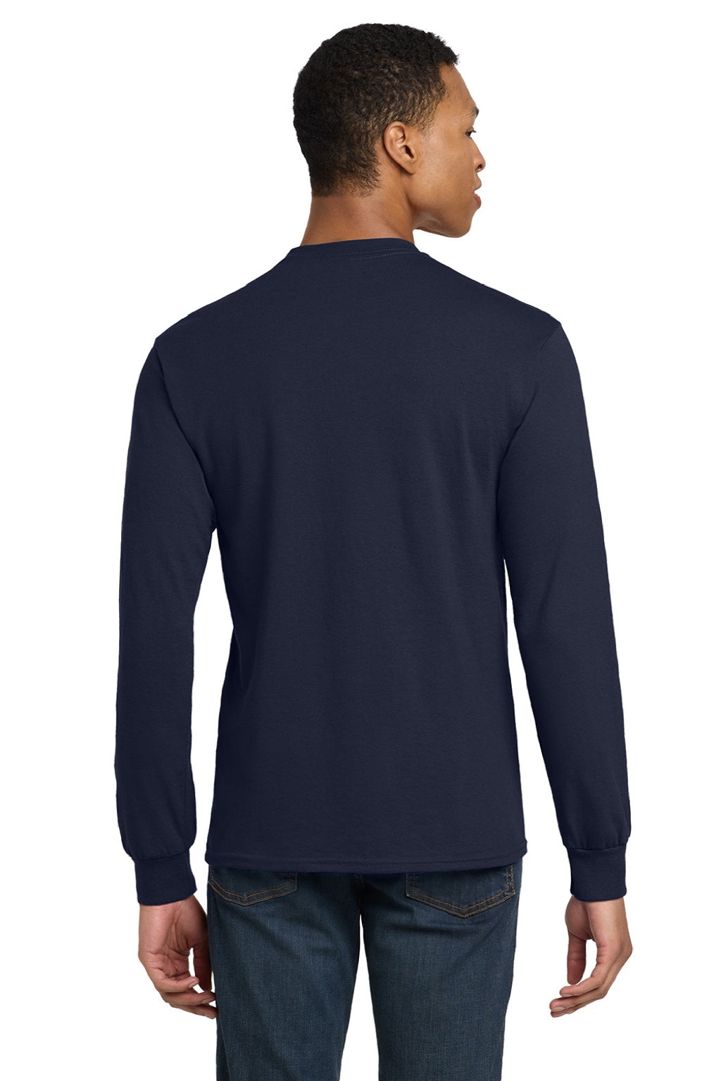 Gildan 8400 Mens DryBlend Moisture Wicking Long Sleeve Crewneck T-Shirt Navy Blue Model Back