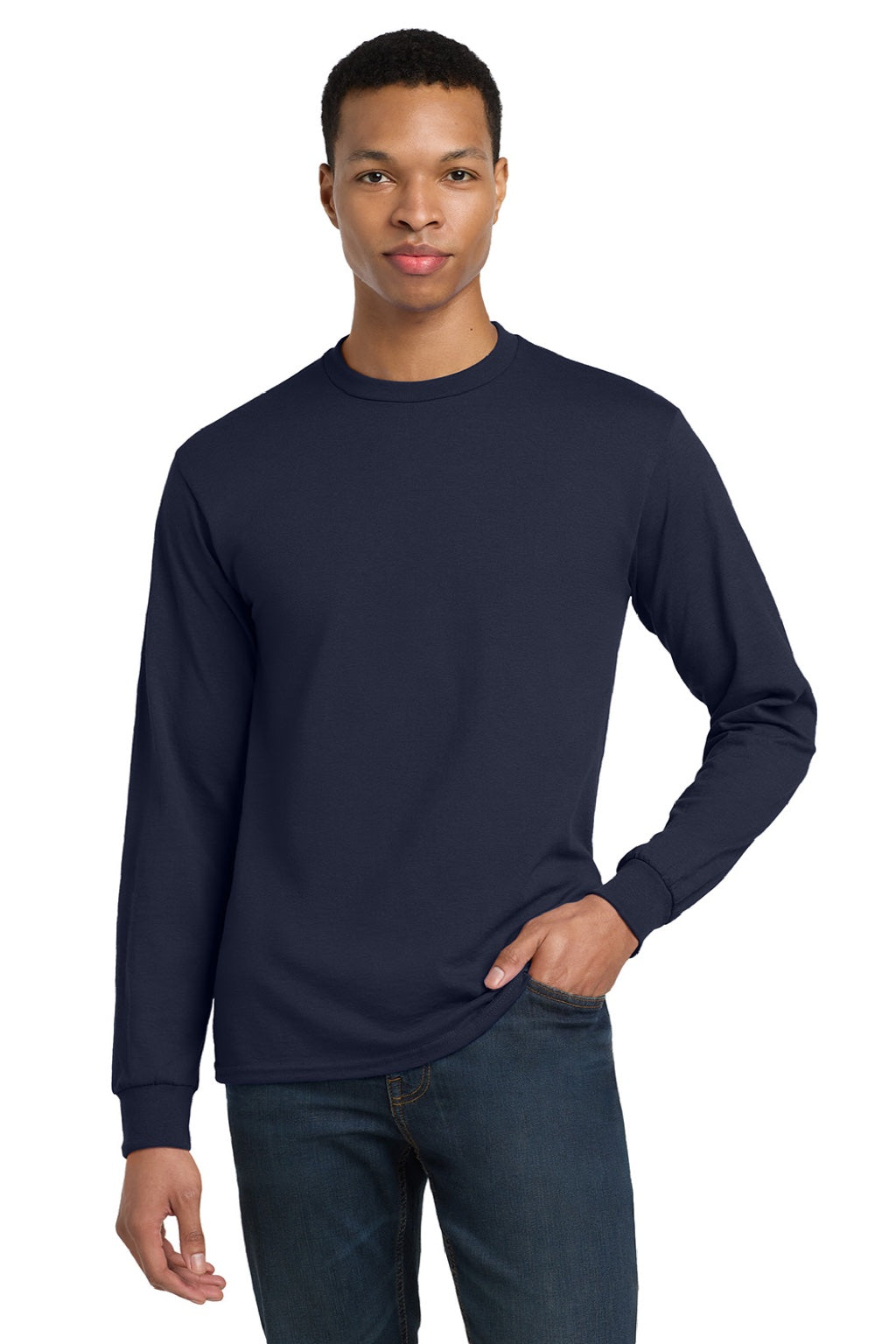 Gildan 8400 Mens DryBlend Moisture Wicking Long Sleeve Crewneck T-Shirt Navy Blue Model Front