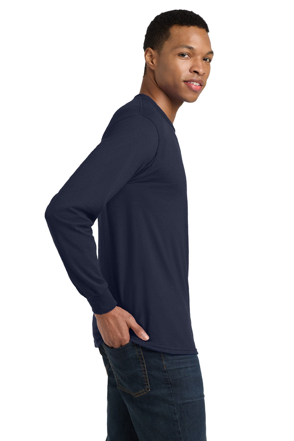 Gildan 8400 Mens DryBlend Moisture Wicking Long Sleeve Crewneck T-Shirt Navy Blue Model Side