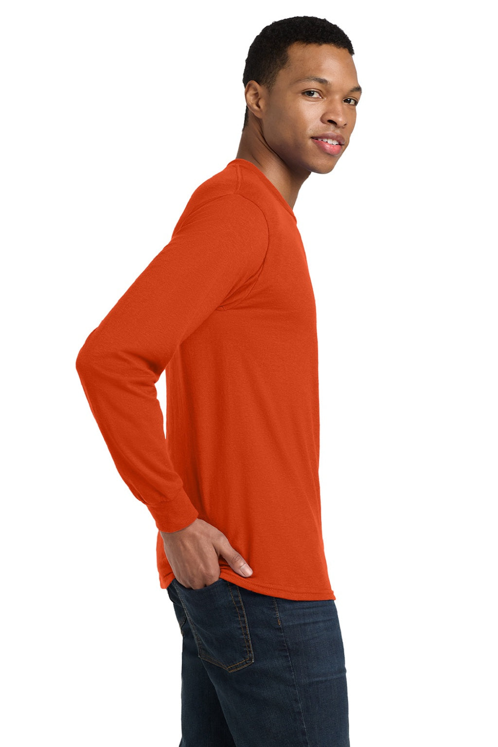 Gildan 8400 Mens DryBlend Moisture Wicking Long Sleeve Crewneck T-Shirt Orange Model Side