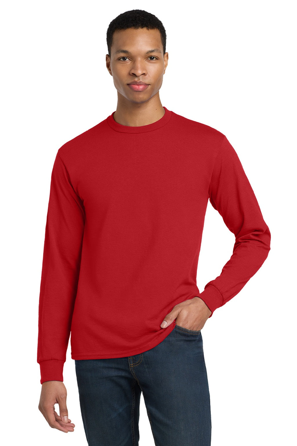 Gildan 8400 Mens DryBlend Moisture Wicking Long Sleeve Crewneck T-Shirt Red Model Front