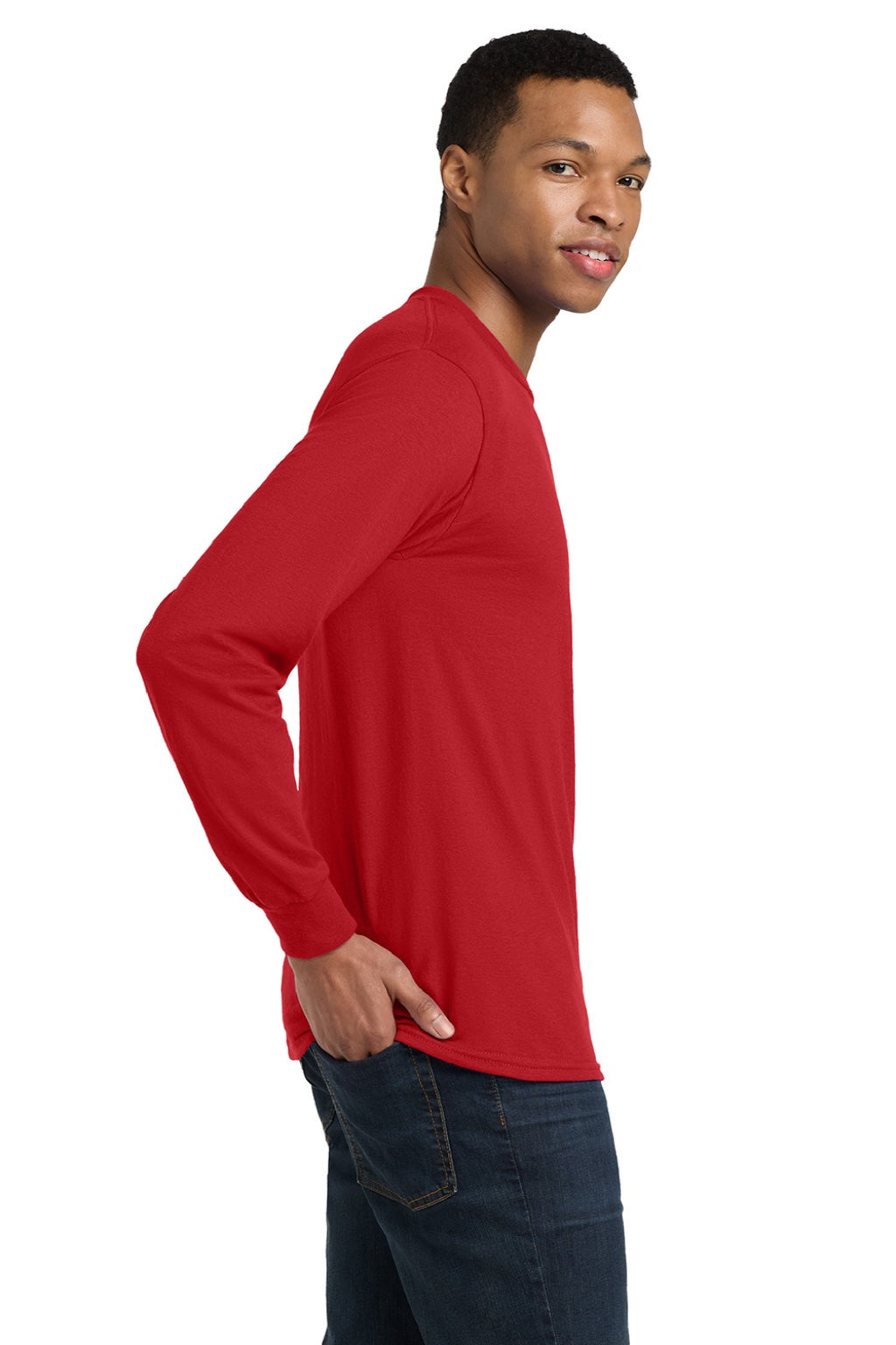Gildan 8400 Mens DryBlend Moisture Wicking Long Sleeve Crewneck T-Shirt Red Model Side