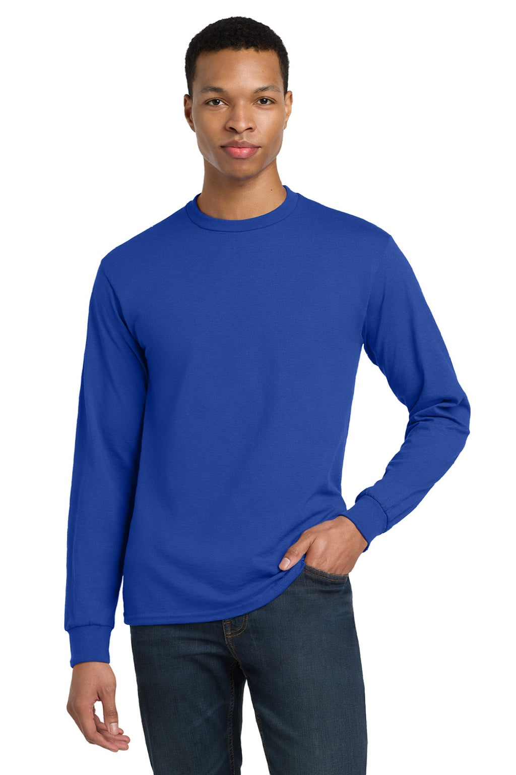 Gildan 8400 Mens DryBlend Moisture Wicking Long Sleeve Crewneck T-Shirt Royal Blue Model Front