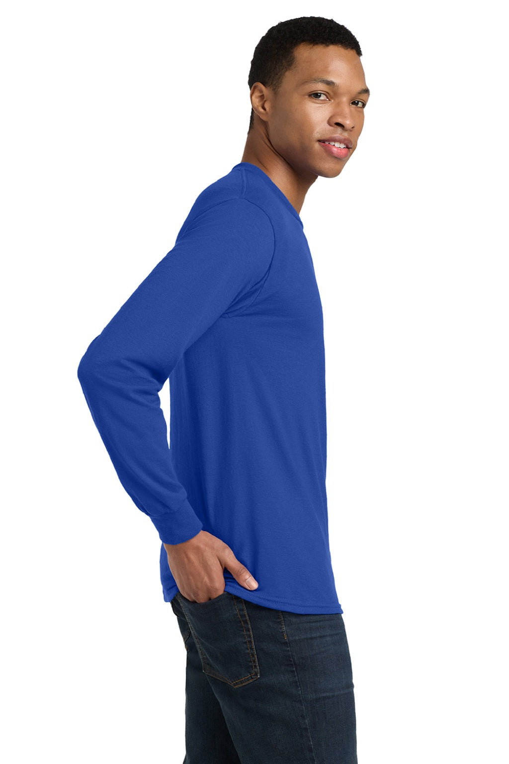 Gildan 8400 Mens DryBlend Moisture Wicking Long Sleeve Crewneck T-Shirt Royal Blue Model Side