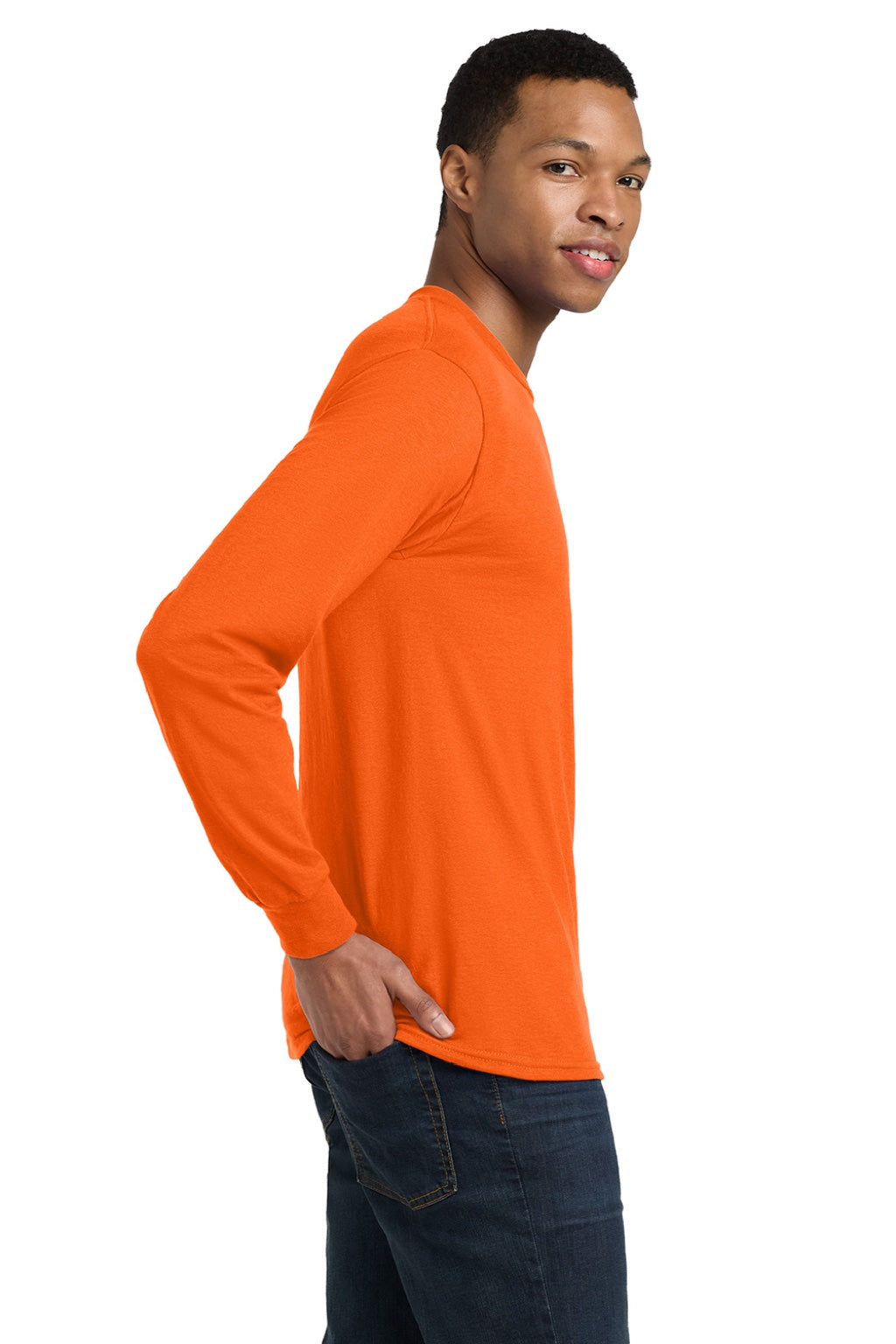 Gildan 8400 Mens DryBlend Moisture Wicking Long Sleeve Crewneck T-Shirt Safety Orange Model Side