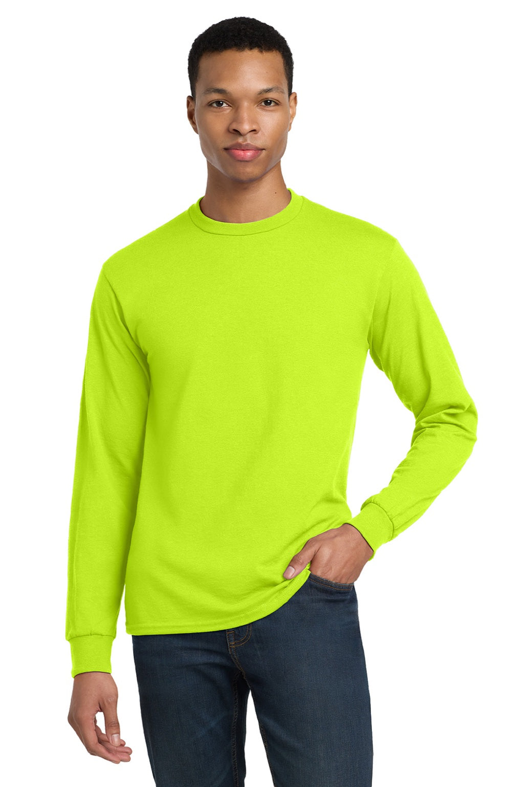 Gildan 8400 Mens DryBlend Moisture Wicking Long Sleeve Crewneck T-Shirt Safety Green Model Front