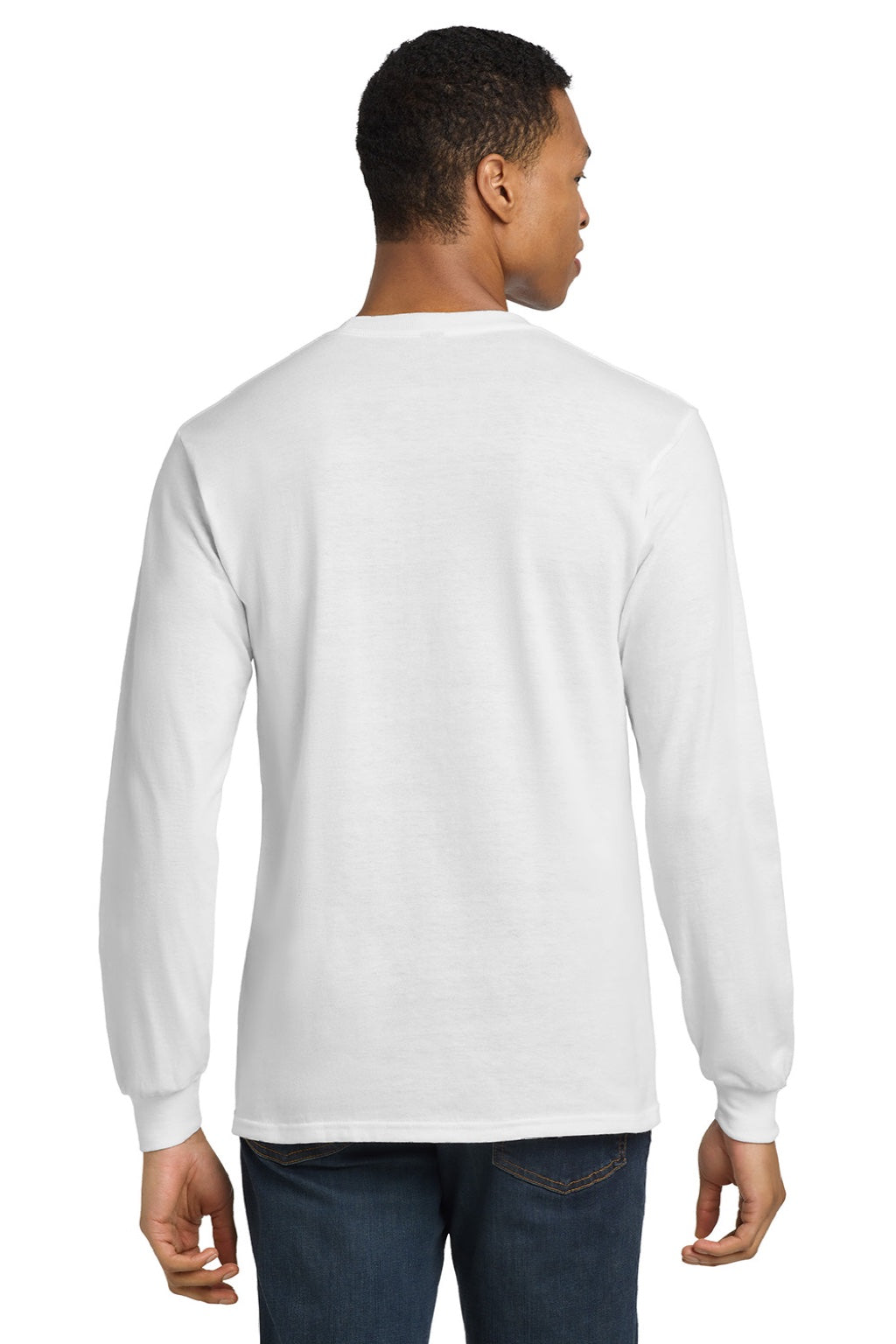 Gildan 8400 Mens DryBlend Moisture Wicking Long Sleeve Crewneck T-Shirt White Model Back