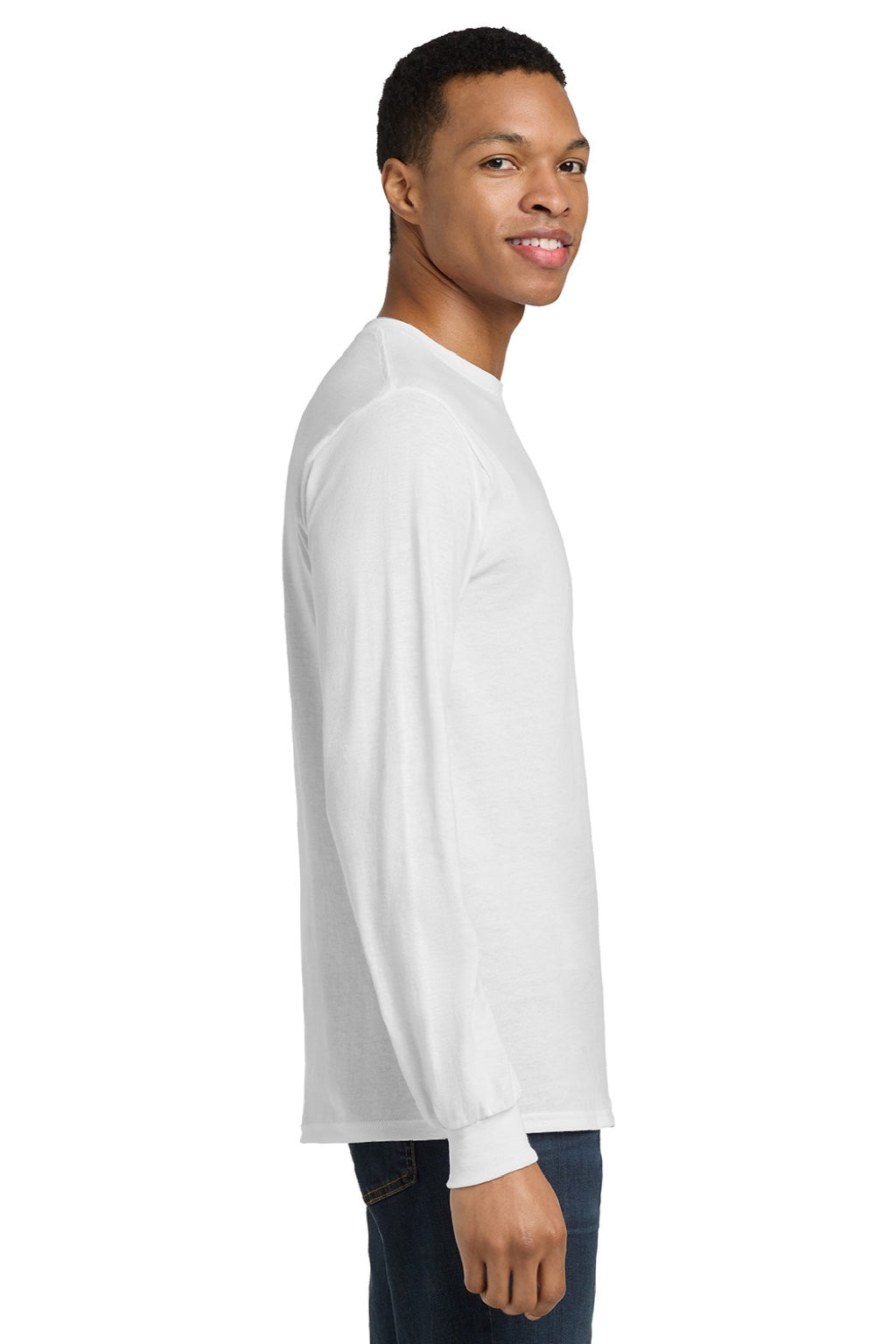 Gildan 8400 Mens DryBlend Moisture Wicking Long Sleeve Crewneck T-Shirt White Model Side