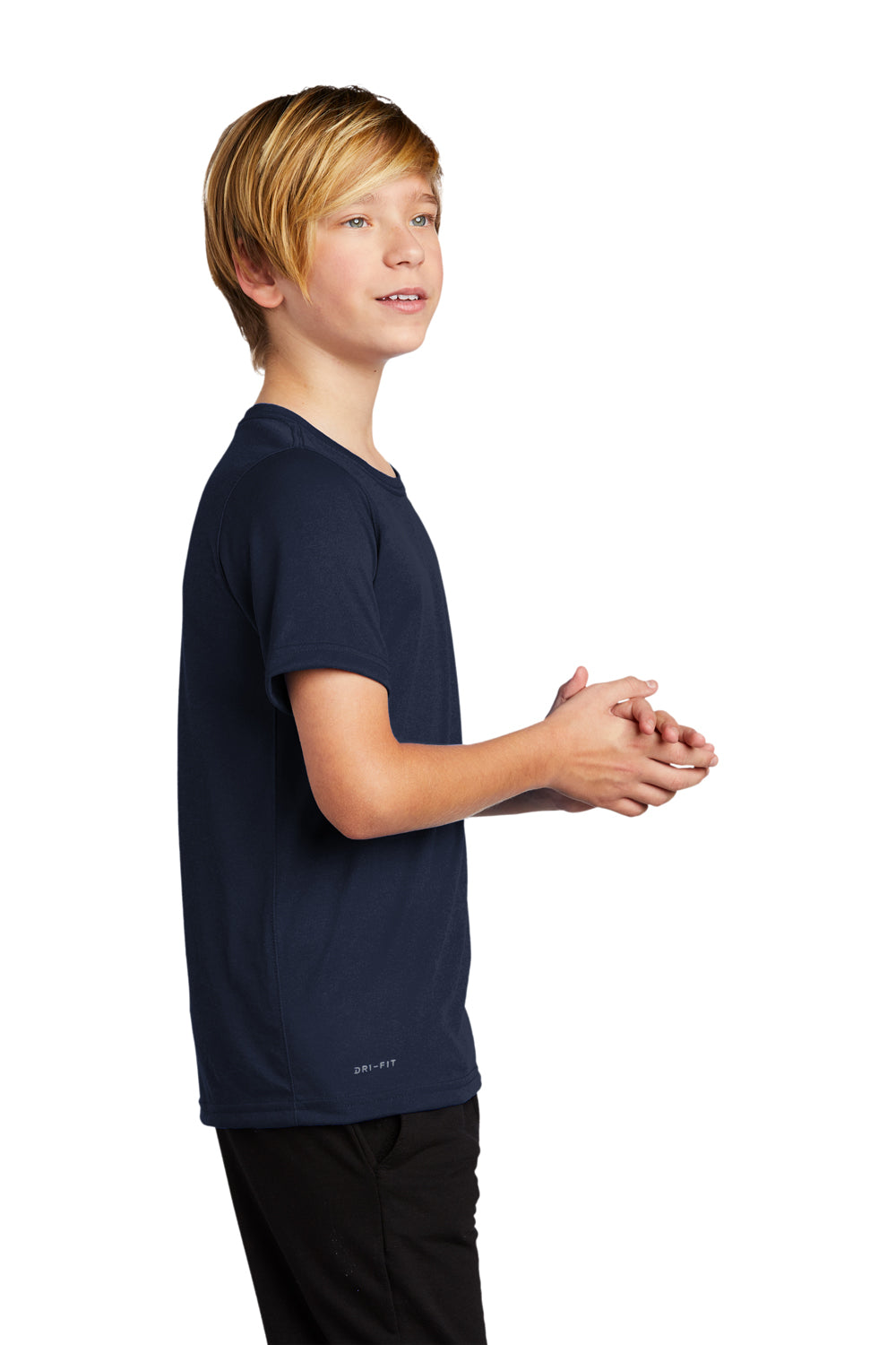 Nike 840178 Youth Legend Dri-Fit Moisture Wicking Short Sleeve Crewneck T-Shirt College Navy Blue Model Side