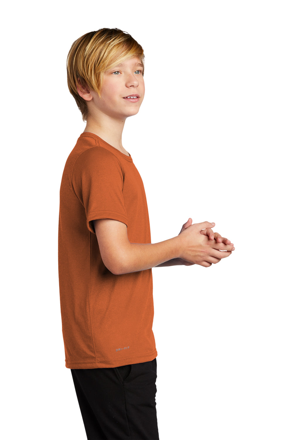 Nike 840178 Youth Legend Dri-Fit Moisture Wicking Short Sleeve Crewneck T-Shirt Desert Orange Model Side