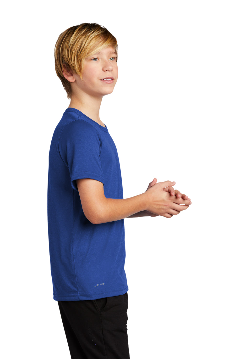 Nike 840178 Youth Legend Dri-Fit Moisture Wicking Short Sleeve Crewneck T-Shirt Game Royal Blue Model Side