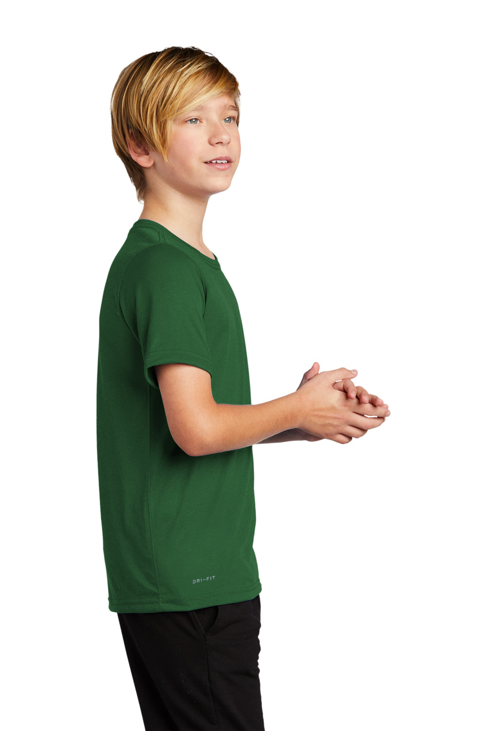 Nike 840178 Youth Legend Dri-Fit Moisture Wicking Short Sleeve Crewneck T-Shirt Gorge Green Model Side
