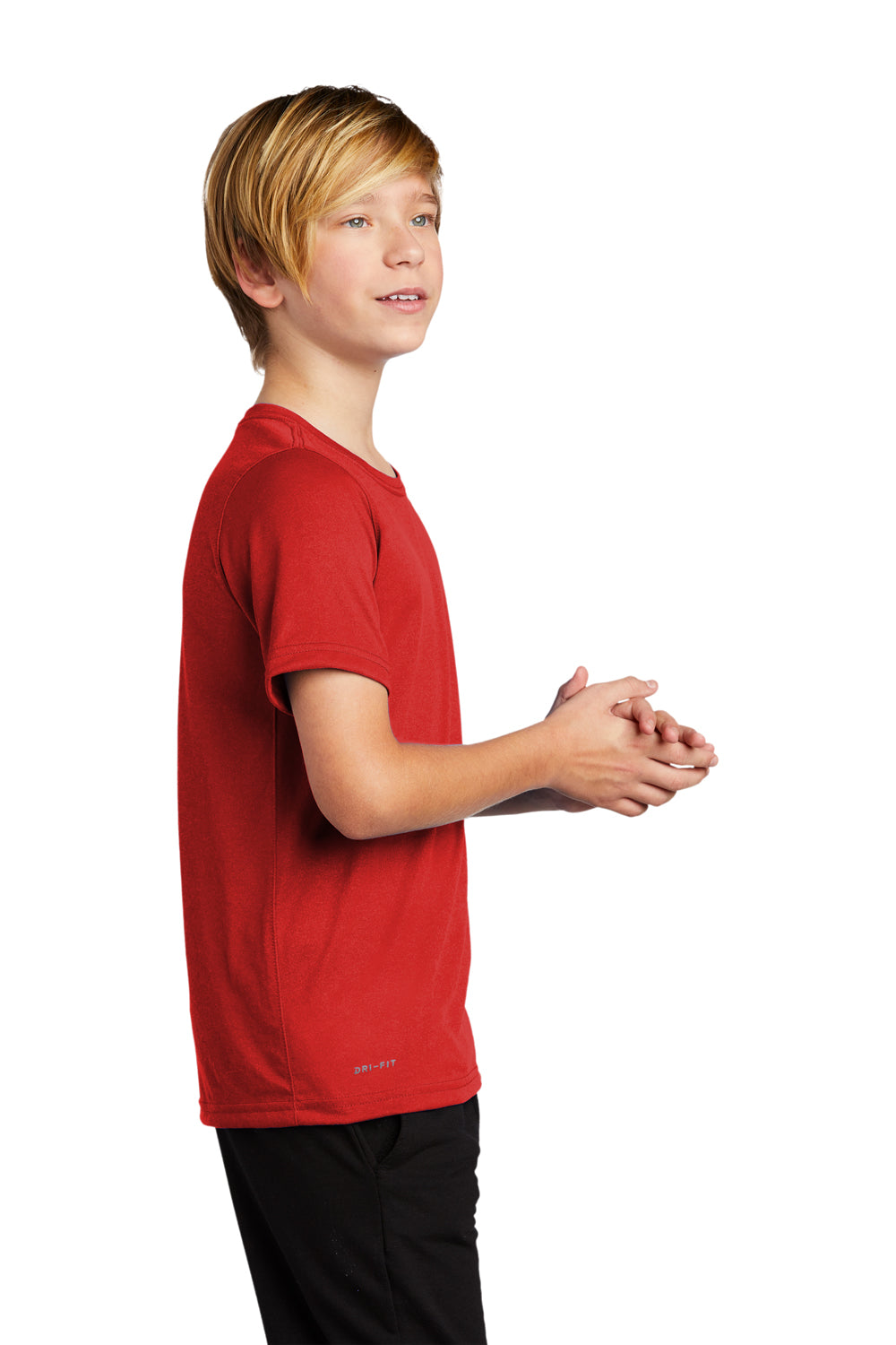 Nike 840178 Youth Legend Dri-Fit Moisture Wicking Short Sleeve Crewneck T-Shirt University Red Model Side