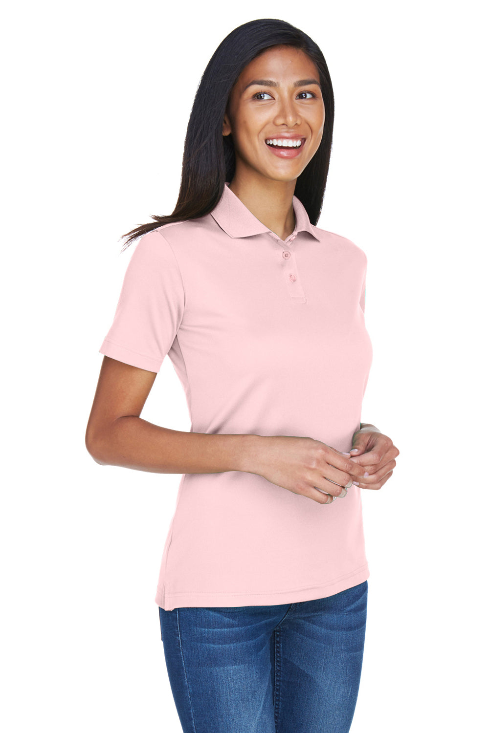 UltraClub 8404 Womens Cool & Dry Moisture Wicking Short Sleeve Polo Shirt Pink Model 3q