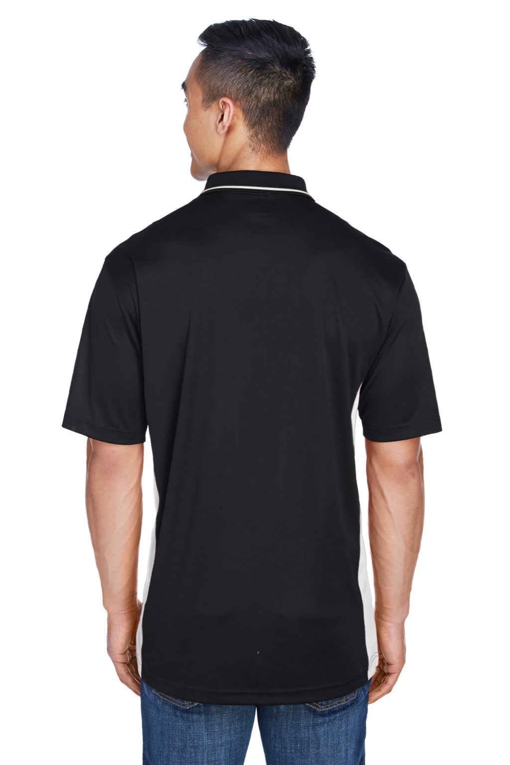 UltraClub 8406 Mens Cool & Dry Moisture Wicking Short Sleeve Polo Shirt Black/Stone Grey Model Back