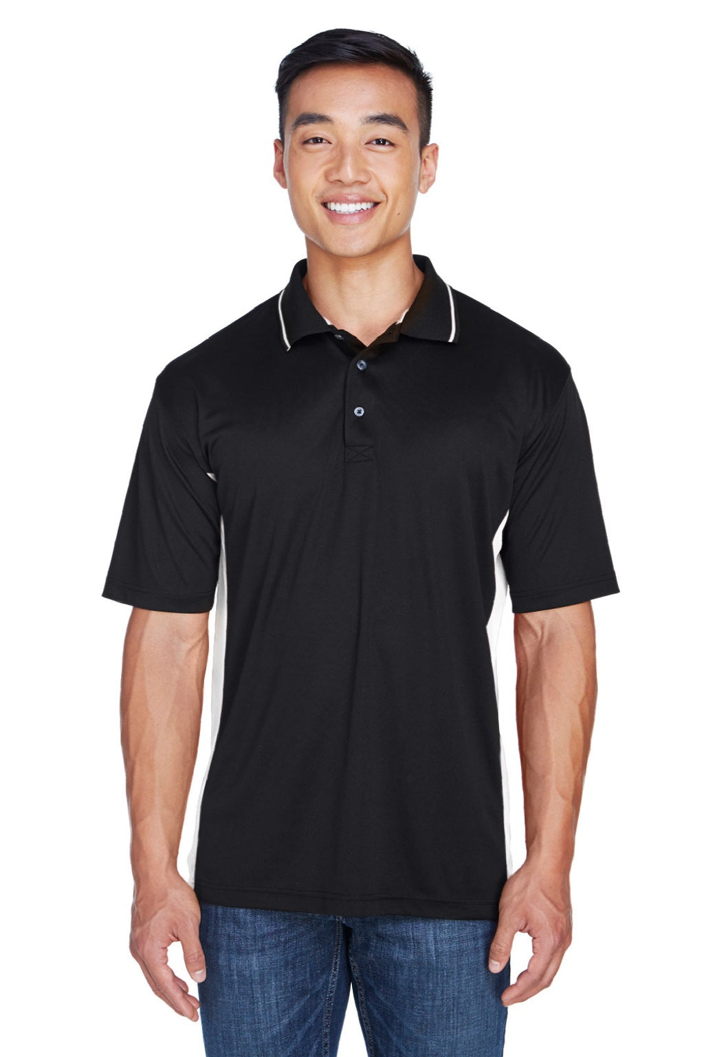 UltraClub 8406 Mens Cool & Dry Moisture Wicking Short Sleeve Polo Shirt Black/Stone Grey Model Front