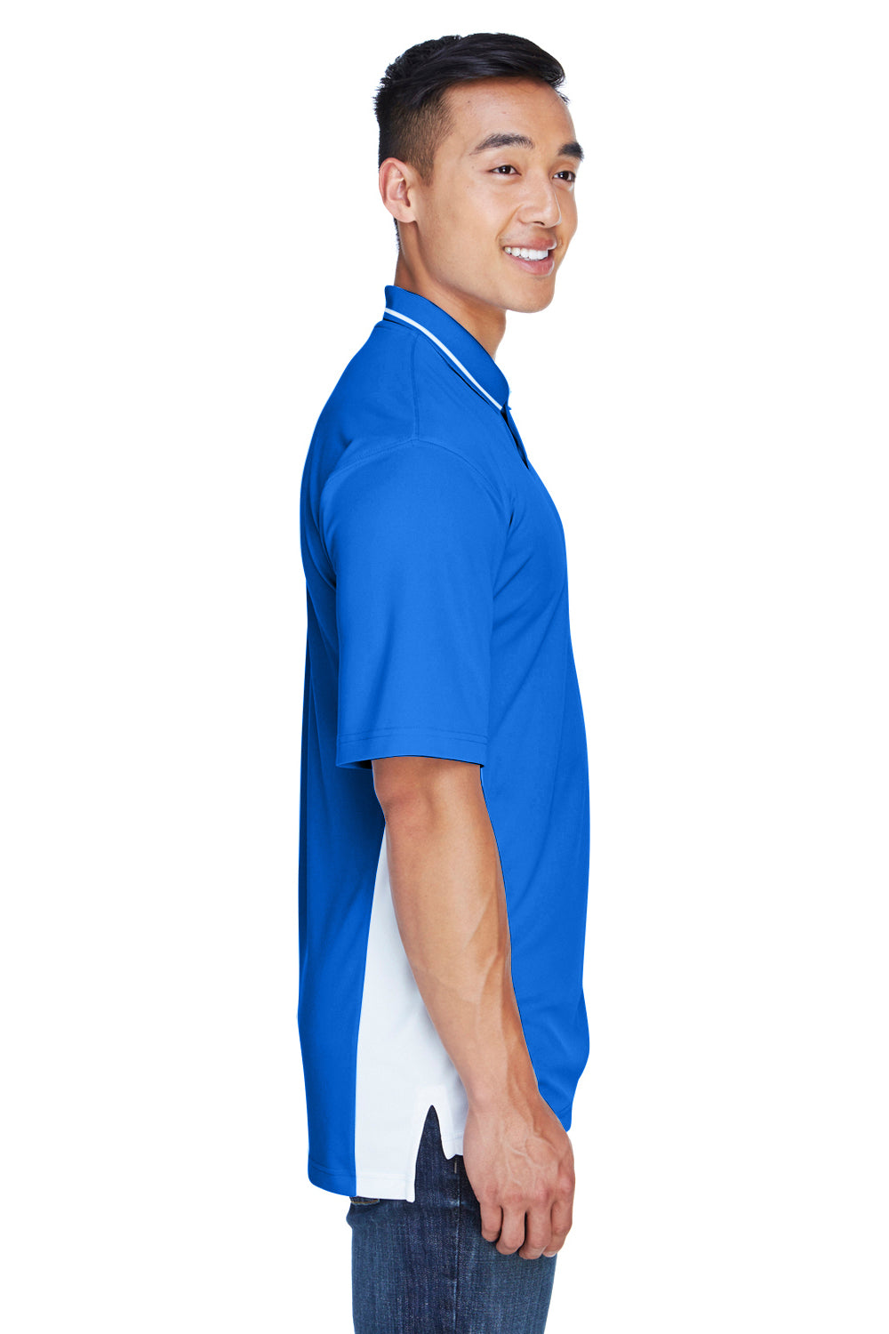 UltraClub 8406 Mens Cool & Dry Moisture Wicking Short Sleeve Polo Shirt Royal Blue/White Model Side