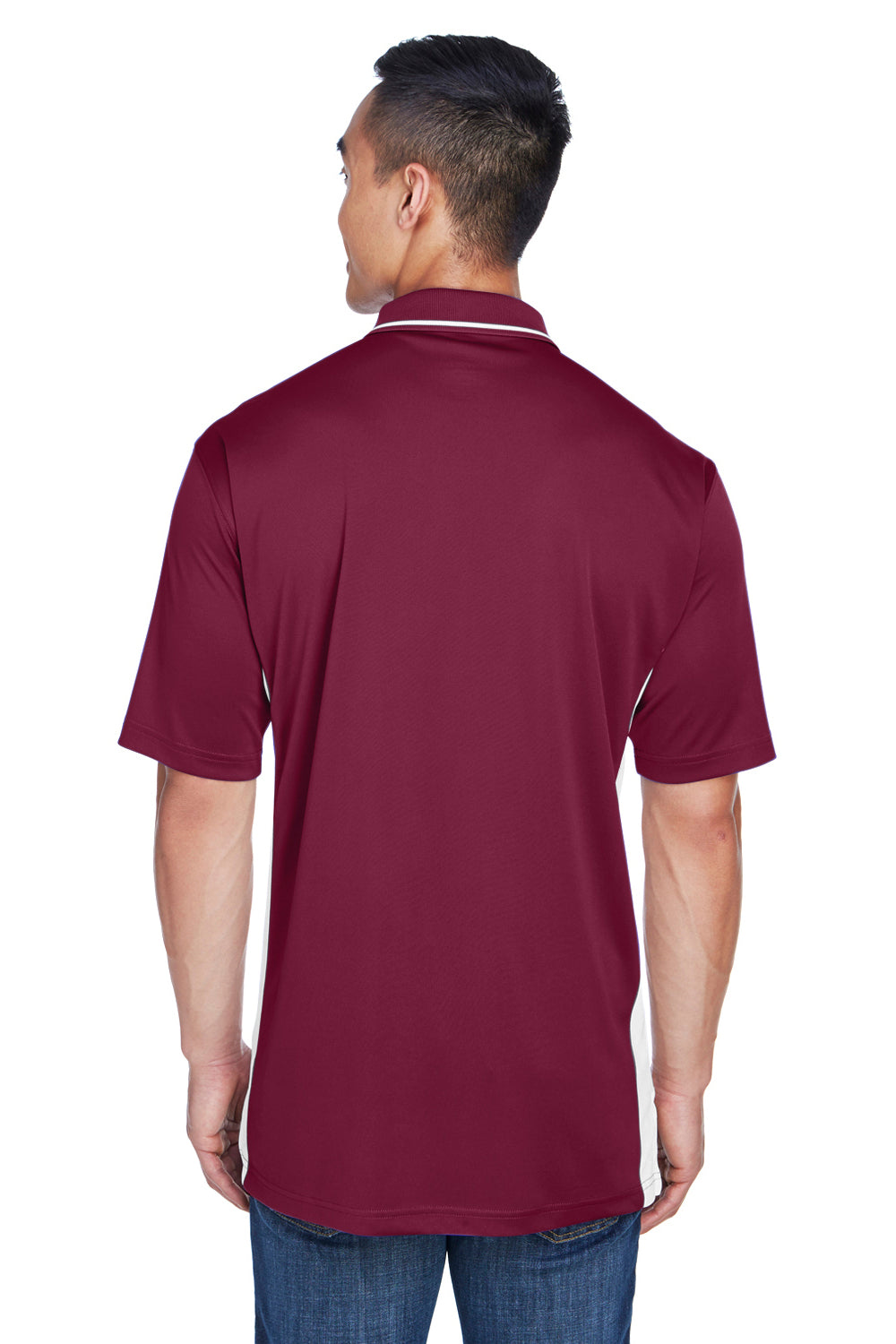 UltraClub 8406 Mens Cool & Dry Moisture Wicking Short Sleeve Polo Shirt Maroon/White Model Back
