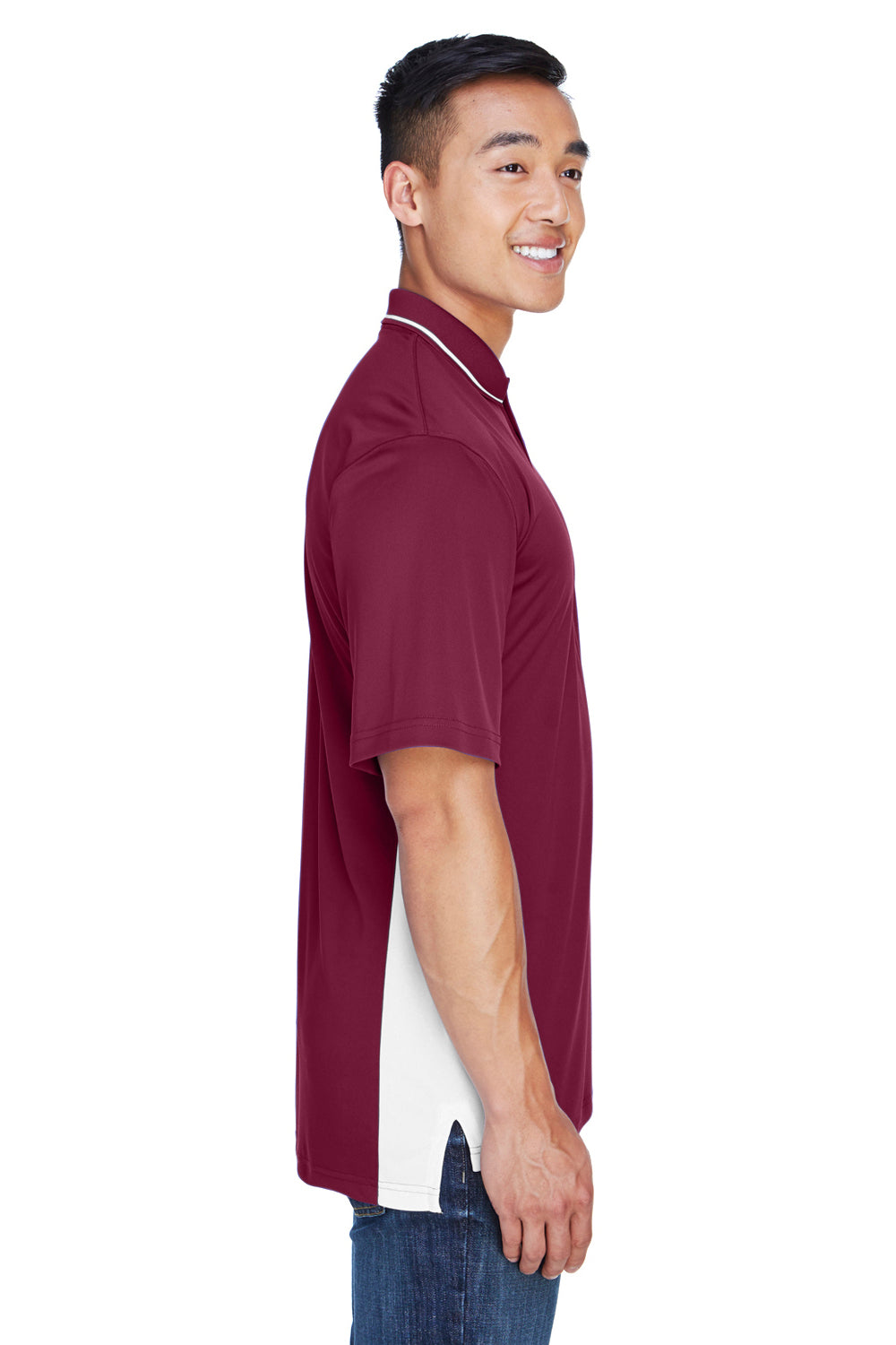 UltraClub 8406 Mens Cool & Dry Moisture Wicking Short Sleeve Polo Shirt Maroon/White Model Side