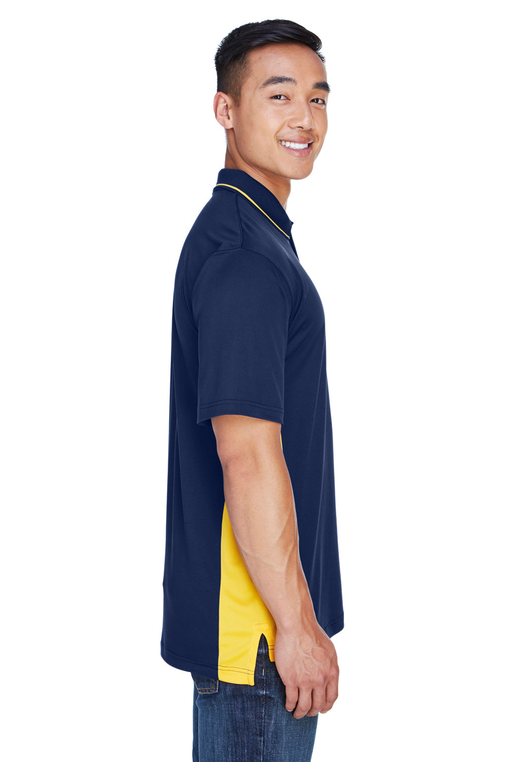 UltraClub 8406 Mens Cool & Dry Moisture Wicking Short Sleeve Polo Shirt Navy Blue/Gold Model Side