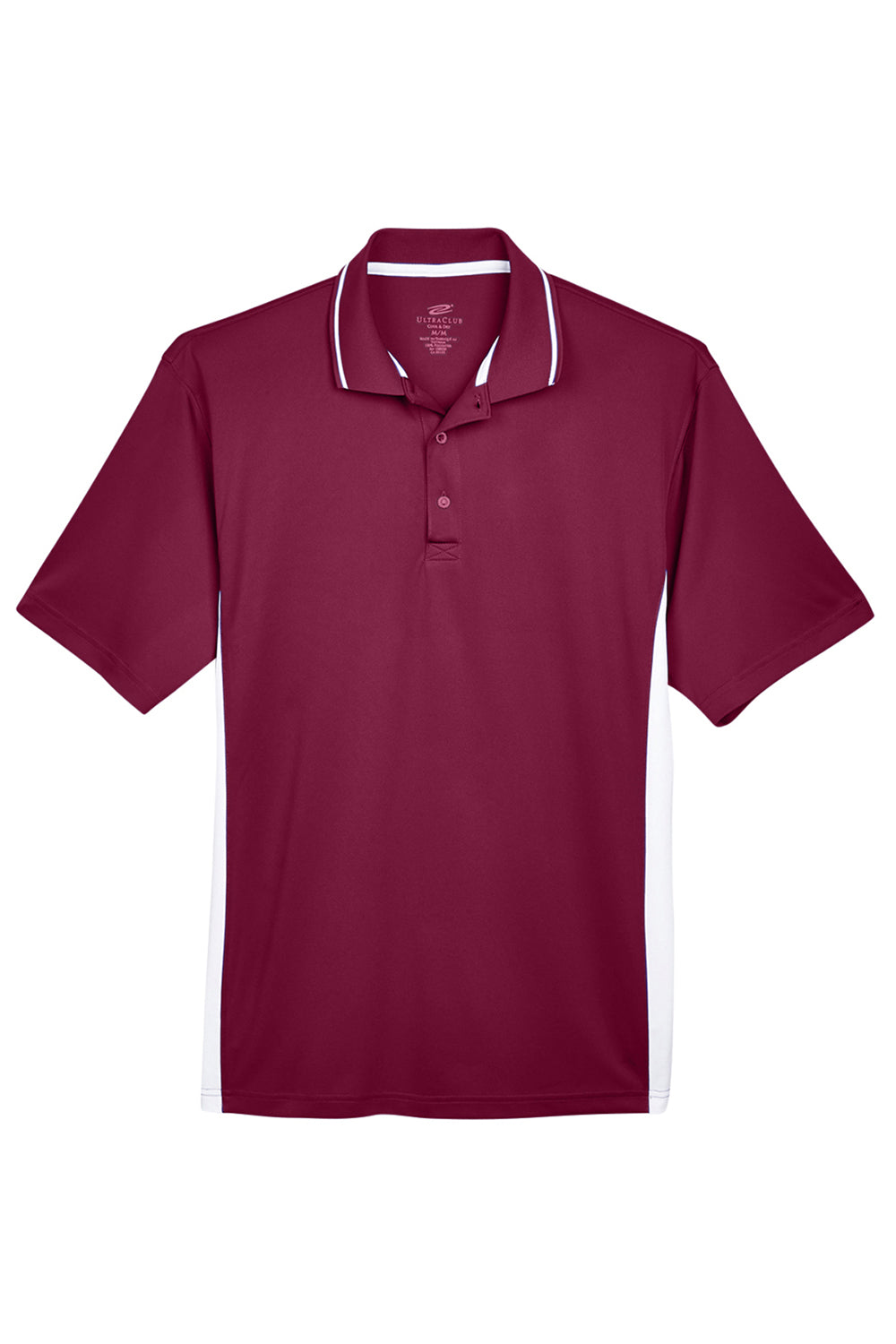 UltraClub 8406 Mens Cool & Dry Moisture Wicking Short Sleeve Polo Shirt Maroon/White Flat Front